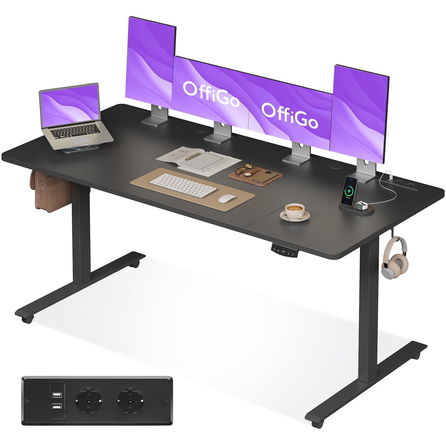 OffiGo Höhenverstellbarer Schreibtisch, 180cm, Elektrischer Schreibtisch mit USB, Schreibtisch Höhenverstellbar mit 2 Memory Funktion, Tisch Höhenverstellbar für Büro, Zuhause, Gaming, Schwarz