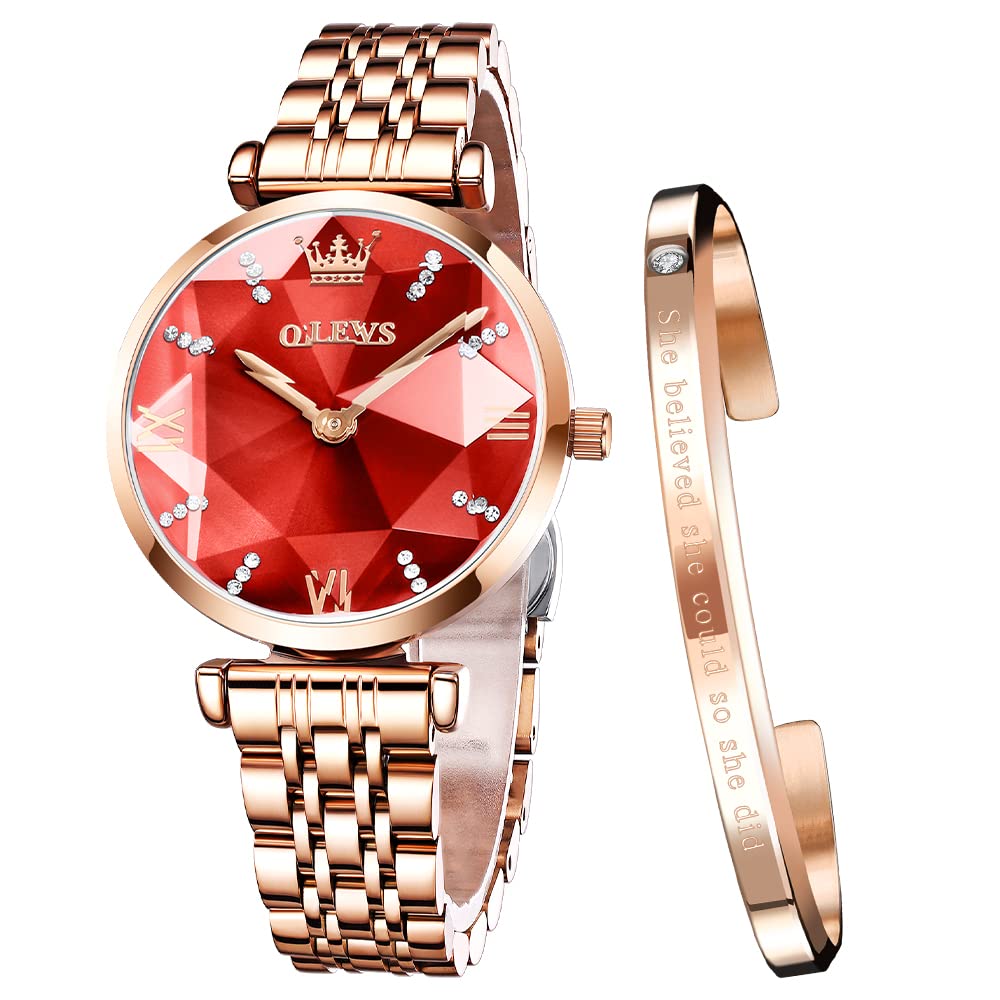 OLEVS Damenuhren Roségold Diamant Kleines Gesicht Edelstahlarmband Analoge Quarz Armbanduhren mit Kalender Leuchtend Wasserdicht Armreif Geschenke Set