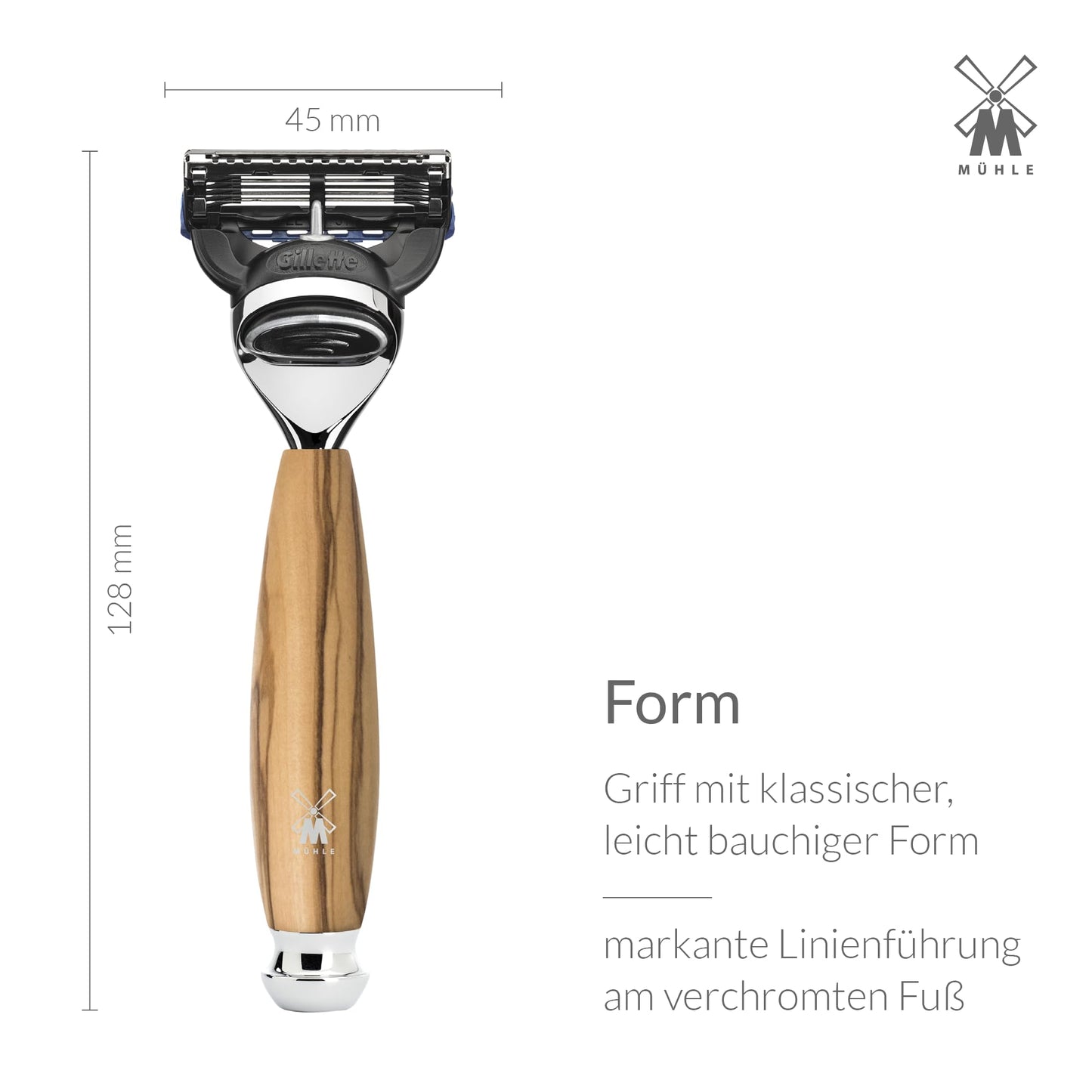 MÜHLE Vivo Rasierset kompatibel mit Gillette-Klingen, Dachshaar-Rasierpinsel, Halterung mit Schale - Olivenholz-Griffe
