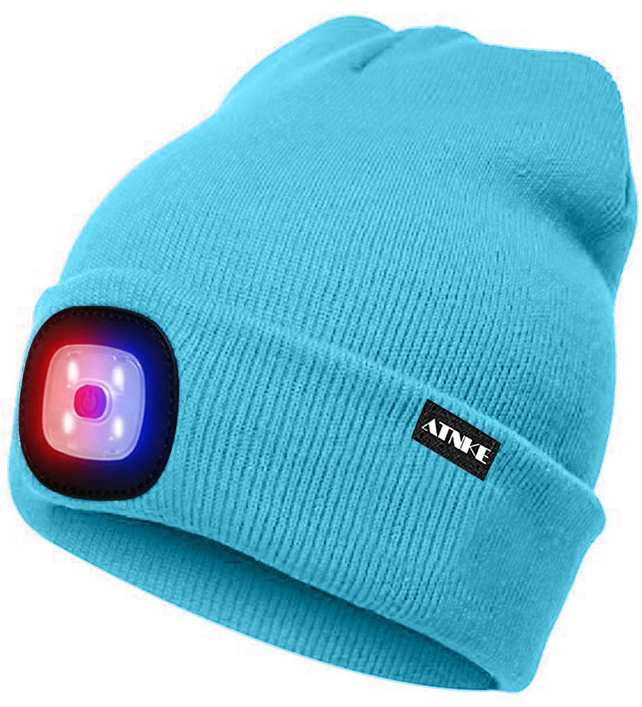 ATNKE LED Beleuchtete Mütze,Wiederaufladbare USB 4 LED Rot und Blau Leuchten Blinkender Laufmütze mit Licht Extrem Heller Lampe Winter Warme für Herren und Damen Geschenke