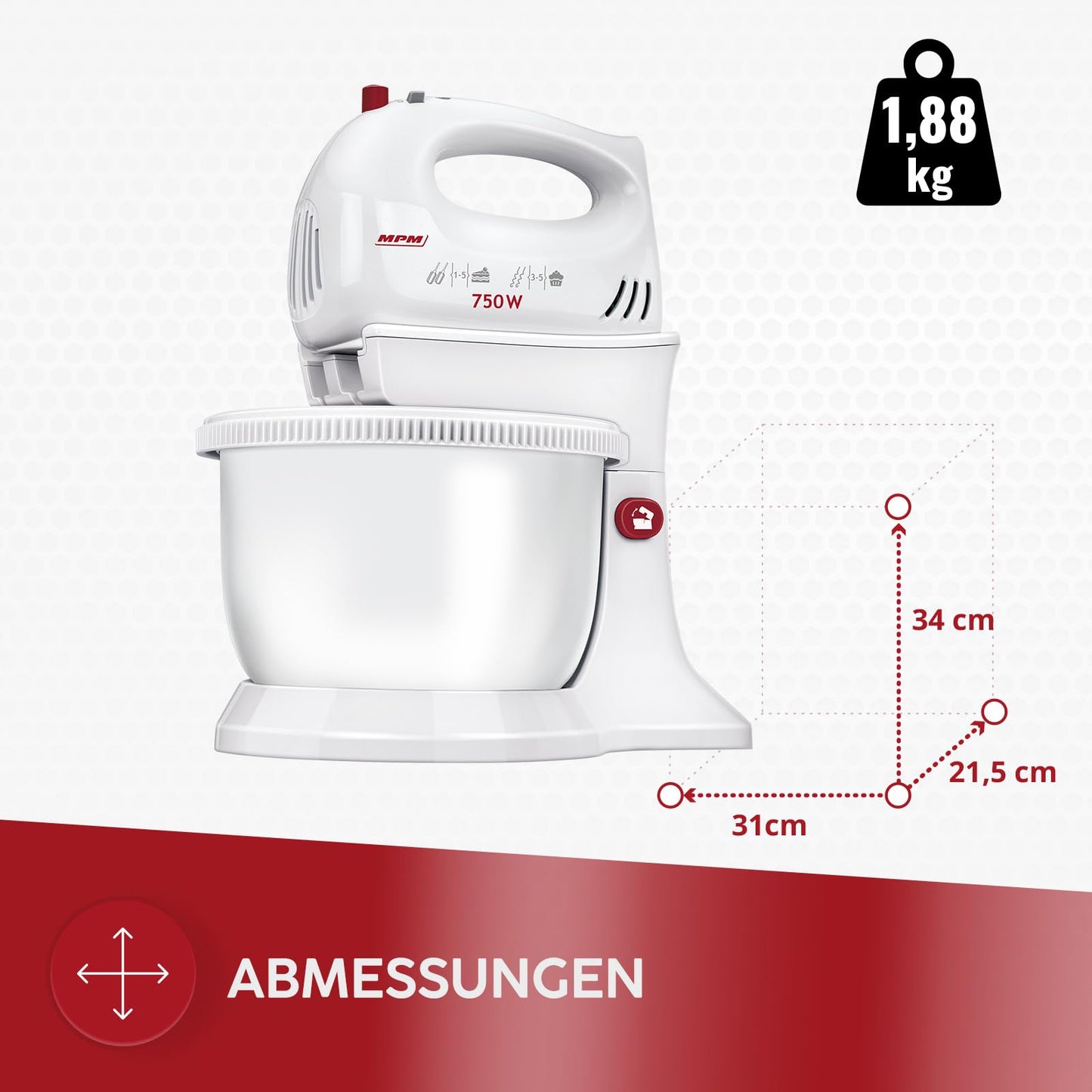 MPM MMR-22Z Teigknetmaschine mit 2 Rotierender Schüssel aus 3 L, BPA frei, Knetmaschine Küchenmaschine, 5 Geschwindigkeiten + Turbo, Stangen und Knethaken Edelstahl, Weiß, 750W