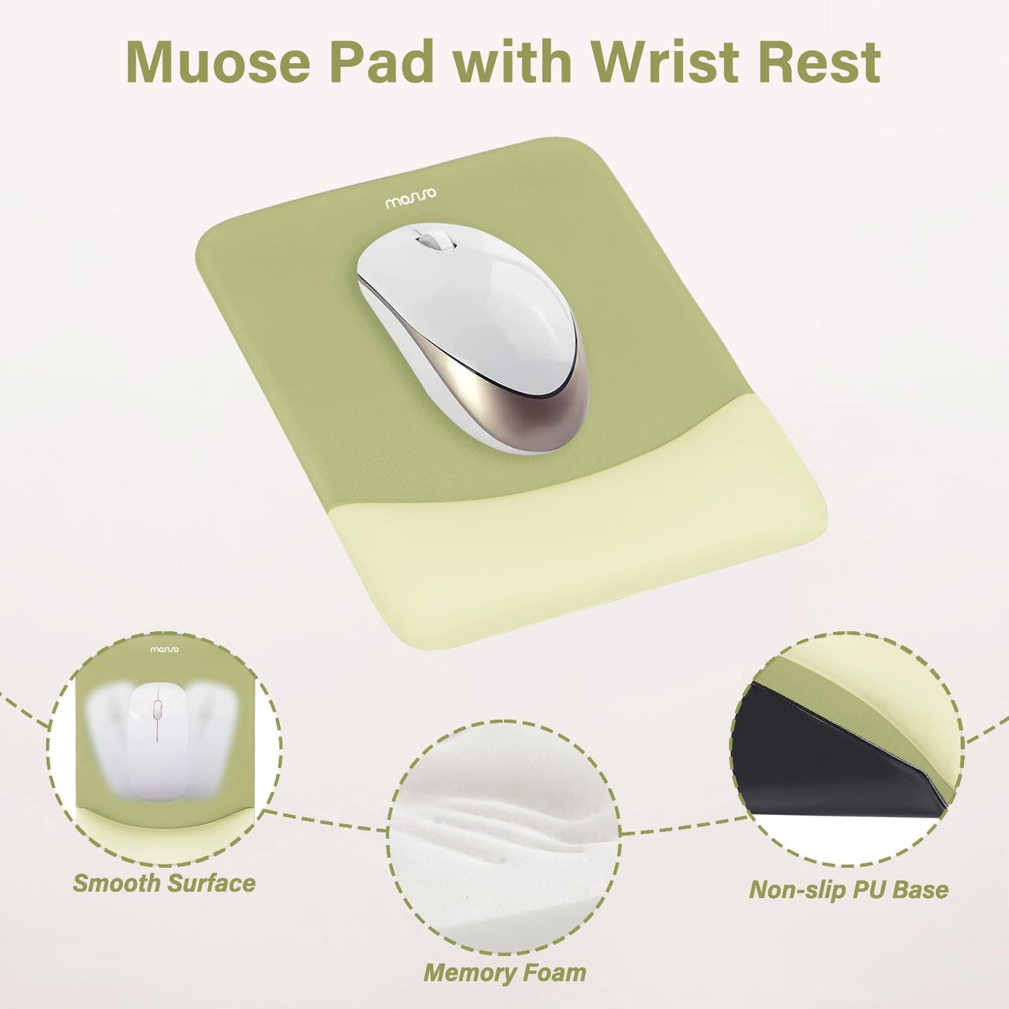 MOSISO Handgelenkstütze für Mauspad&Tastatur Set, Rechteckig Ergonomisch Mauspad Rutschfest Basis Home/Büro Schmerzlinderung&Typing Kissen mit Neopren Cloth&Erhöht Gebogen Memory Schaum,Grün