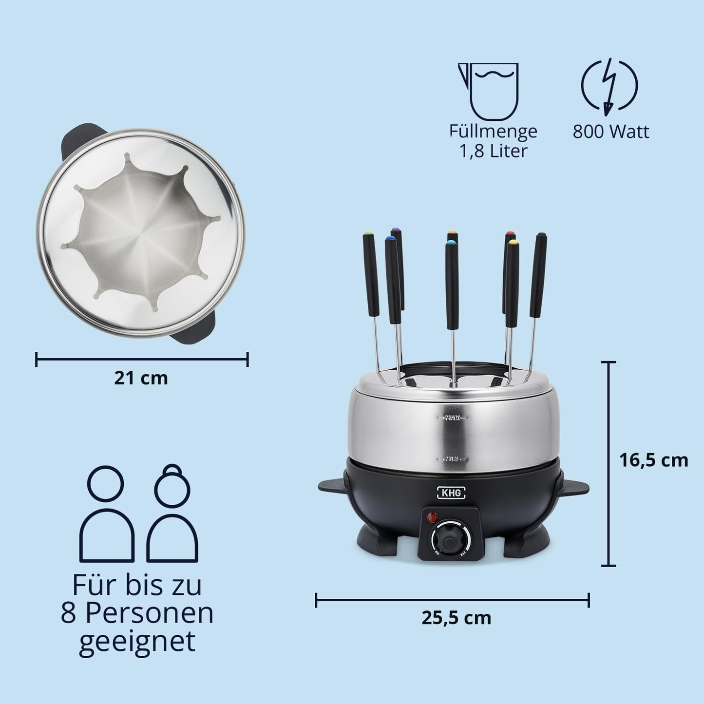 KHG Elektro-Fondue FO-800SE mit Edelstahl-Topf 1,8 L Silber für bis zu 8 Personen, variable Temperatureinstellung, 25x16cm Ideal für Fleisch, Käse oder Schokolade mit 8 Gabeln Spritzschutz 800 W