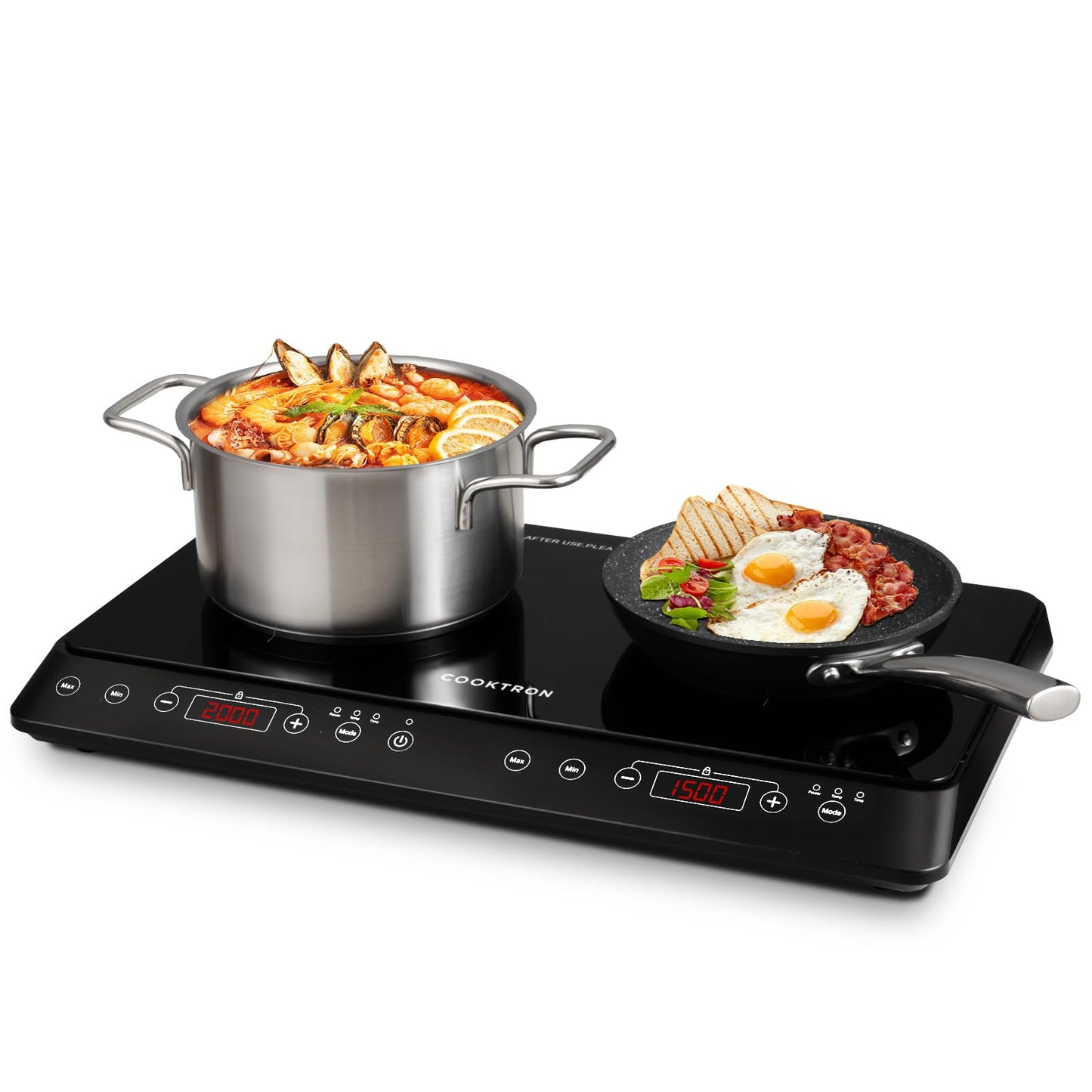 COOKTRON Induktionskochfeld 2 Platten Mobil, 3500W Doppel-Induktionskochplatte mit 6 Leistungsstufen, 10 Temperaturstufen, 3-Stunden-Timer, Touch-Steuerung, Ideal für Camping und Küche, Schwarz