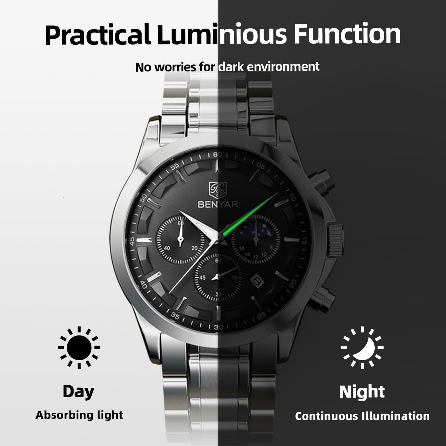 BY BENYAR Uhren Herren Chronograph Analog Quarz Wasserdicht Armbanduhr Herren Mode Lässig Business Herrenuhr mit Kalender Lederarmband/Edelstahlarmband Uhr Geschenk für Männer