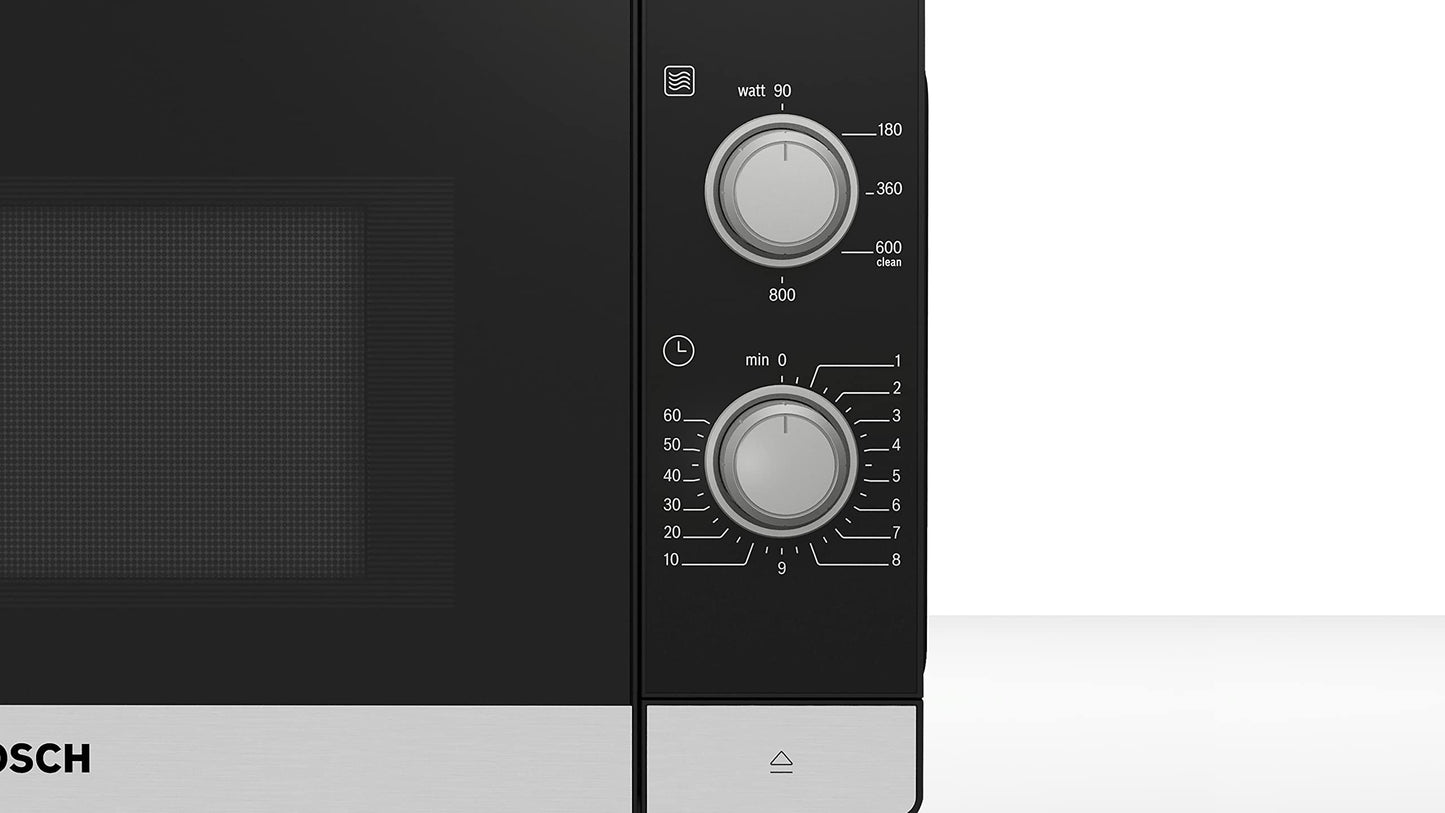 Bosch FFL023MS2 Serie 2 Mikrowelle, 26 x 44 cm, 800 W, Drehteller 27 cm, Türanschlag Links, AutoPilot 7 7 Automatikprogramme, Reinigungsunterstützung, LED-Touchdisplay, Edelstahl