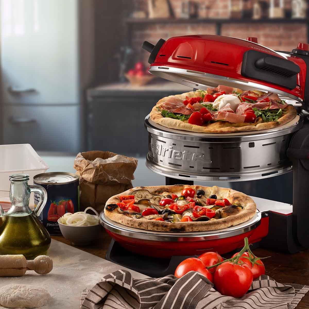 Ariete Pizzaofen 919, 4-Minuten-Pizza, Pizzaofen mit 5 Garstufen, Feuerfeste Platte zum Wiederaufwärmen, Holzbrettchen im Lieferumfang Enthalten, Max. Temperatur 400°C, 1200W, Rot