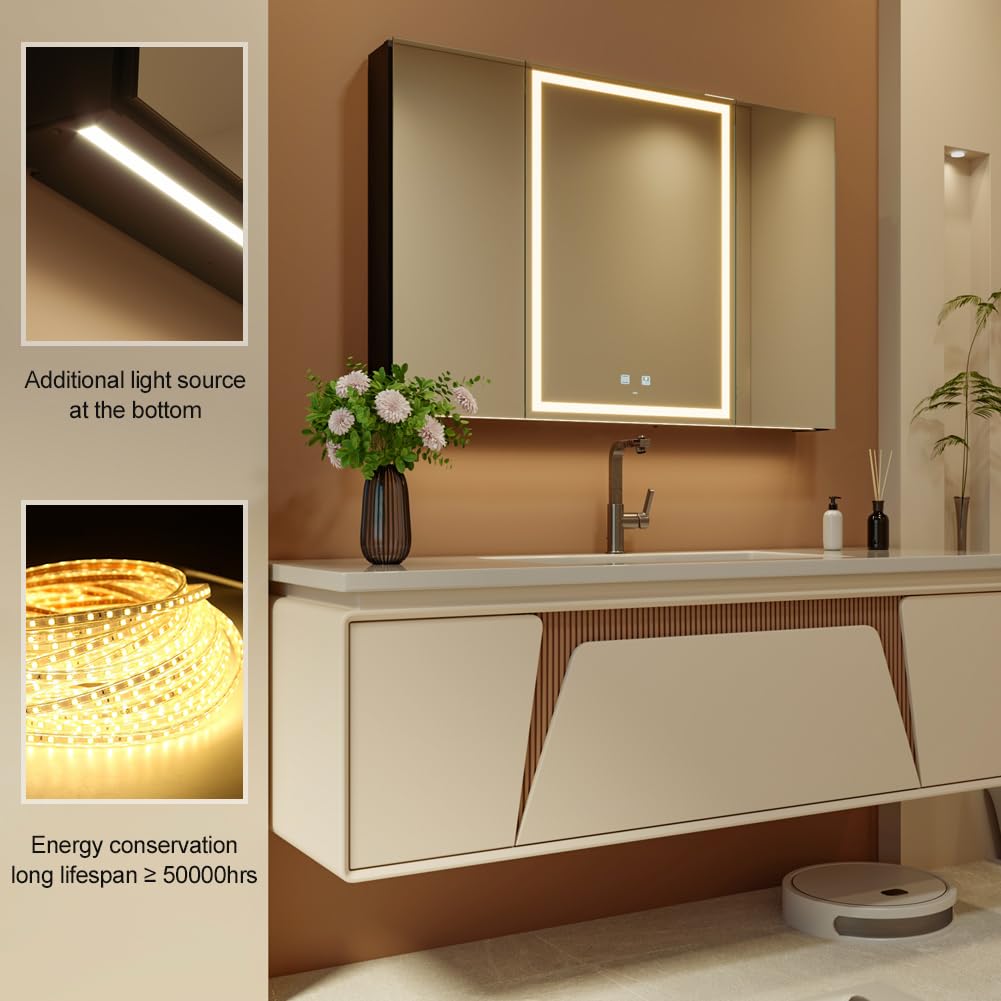 KWW LED Beleuchtetes Badezimmer Medizin Kabinett mit Spiegel, Farbtemperatur Einstellbar, Anti-Nebel Dimmbare Lichter, Steckdosen für USBs (80 x 70 cm)