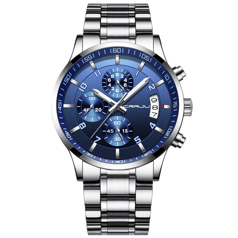 CRRJU Herren Uhr Business Edelstahl wasserdichte Chronographen mit Kalender Armbanduhr Edelstahlband Stoppuhr Analog Quarzuhr