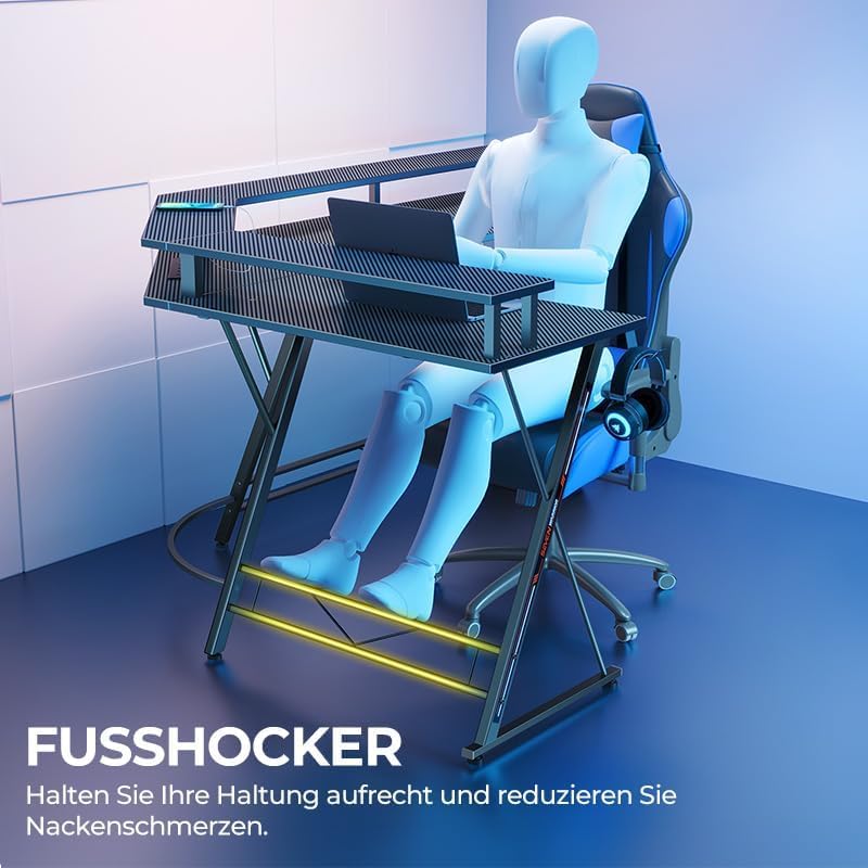 SEVEN WARRIOR Gaming Tisch, Schreibtisch mit LED, Steckdosen, Eckschreibtisch mit Monitorständer, 2 Haken, Ergonomischer Computertisch L Form, 127cm