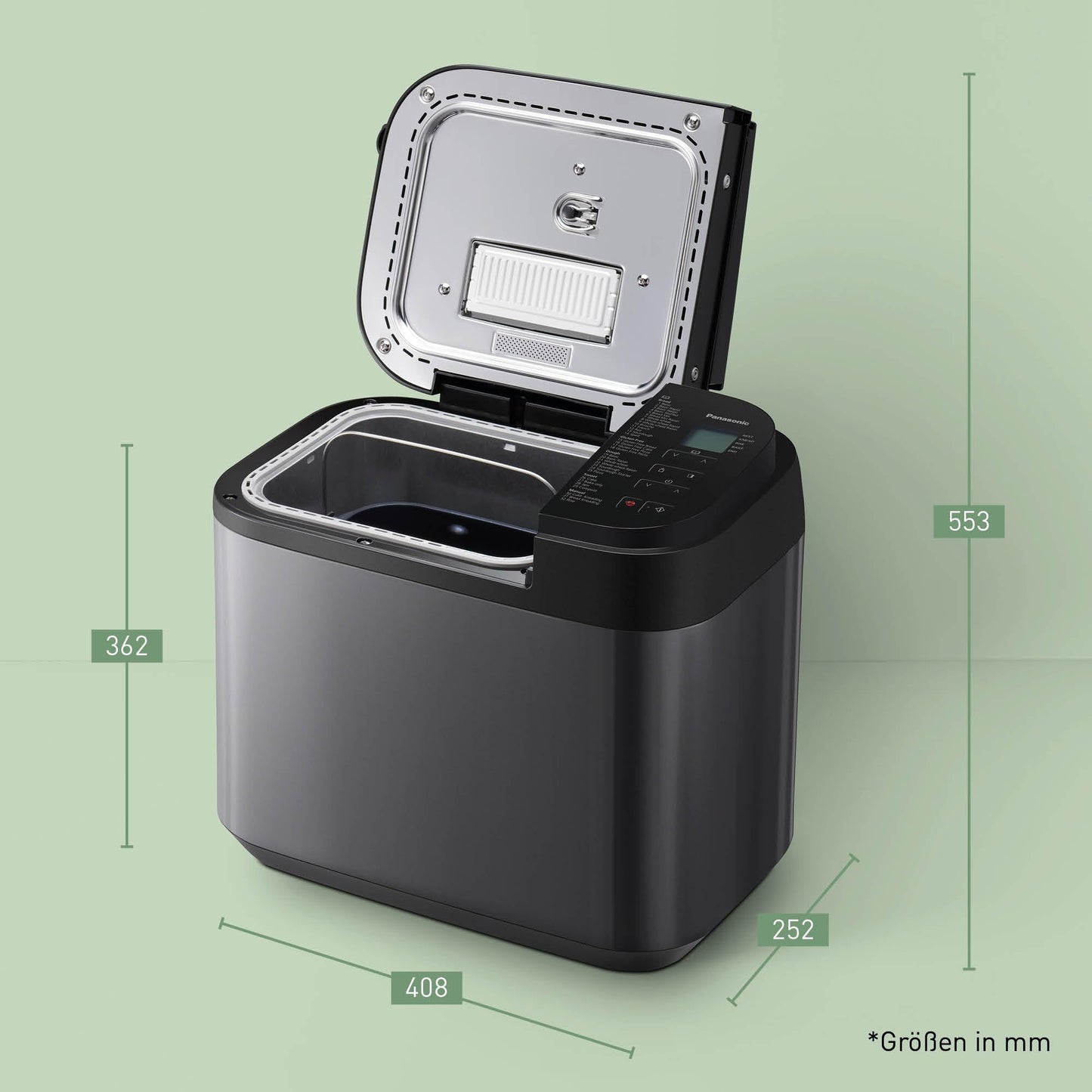 Panasonic Premium Grau Vollautomatischer Brotbackautomat, horizontales Design und Hefespender, 32 automatische Programme, zwei Temperatursensoren, 13-Stunden-Zeitvorwahl, Grau