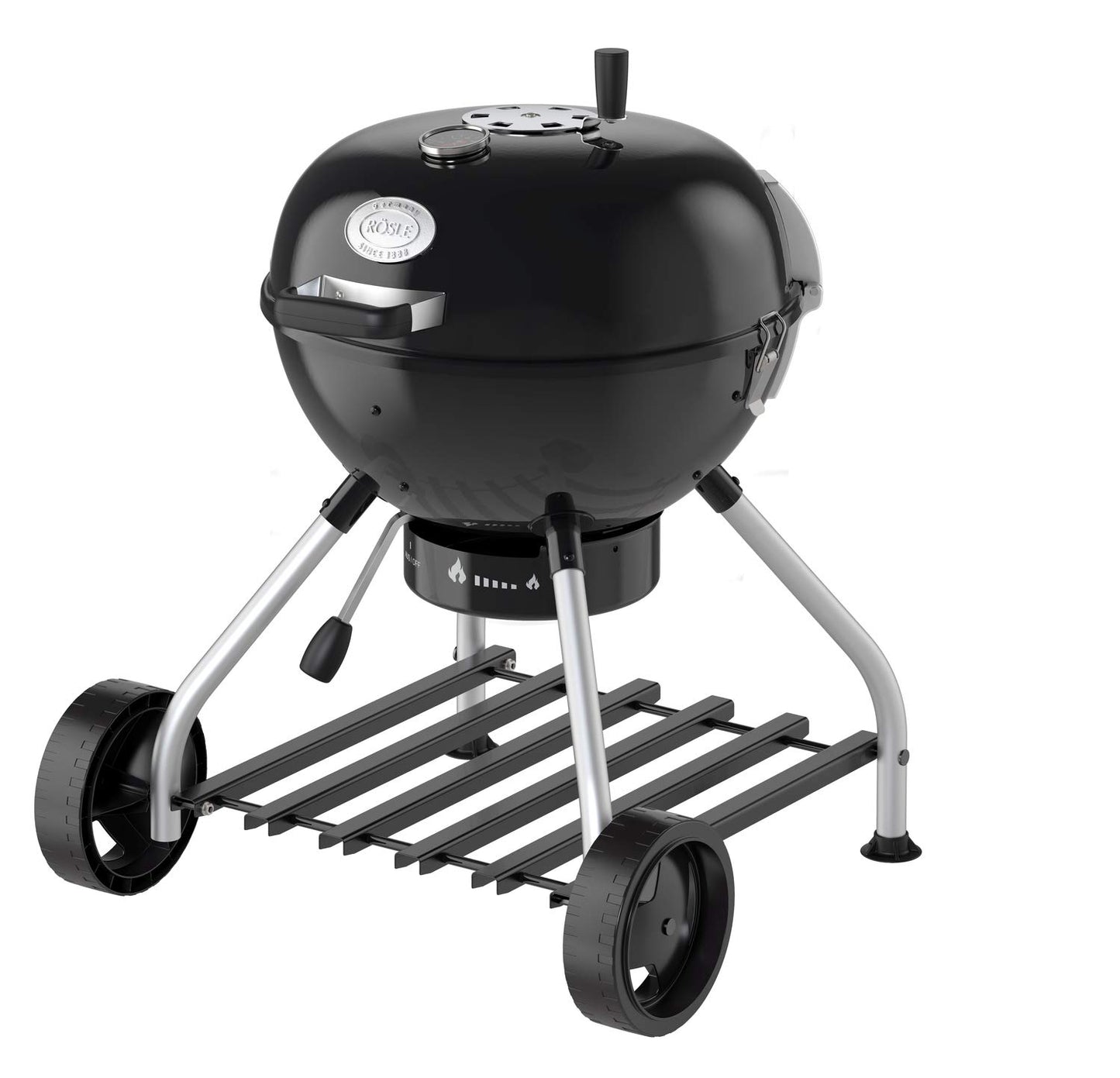 RÖSLE Holzkohle-Kugelgrill No.1 Sport F50, Hochwertiger Kohlegrill mit einstellbarer Luftzufuhr, Deckelscharnier, Deckelthermometer, stabiler Ablage, extra großer Grillfläche und Grillraum