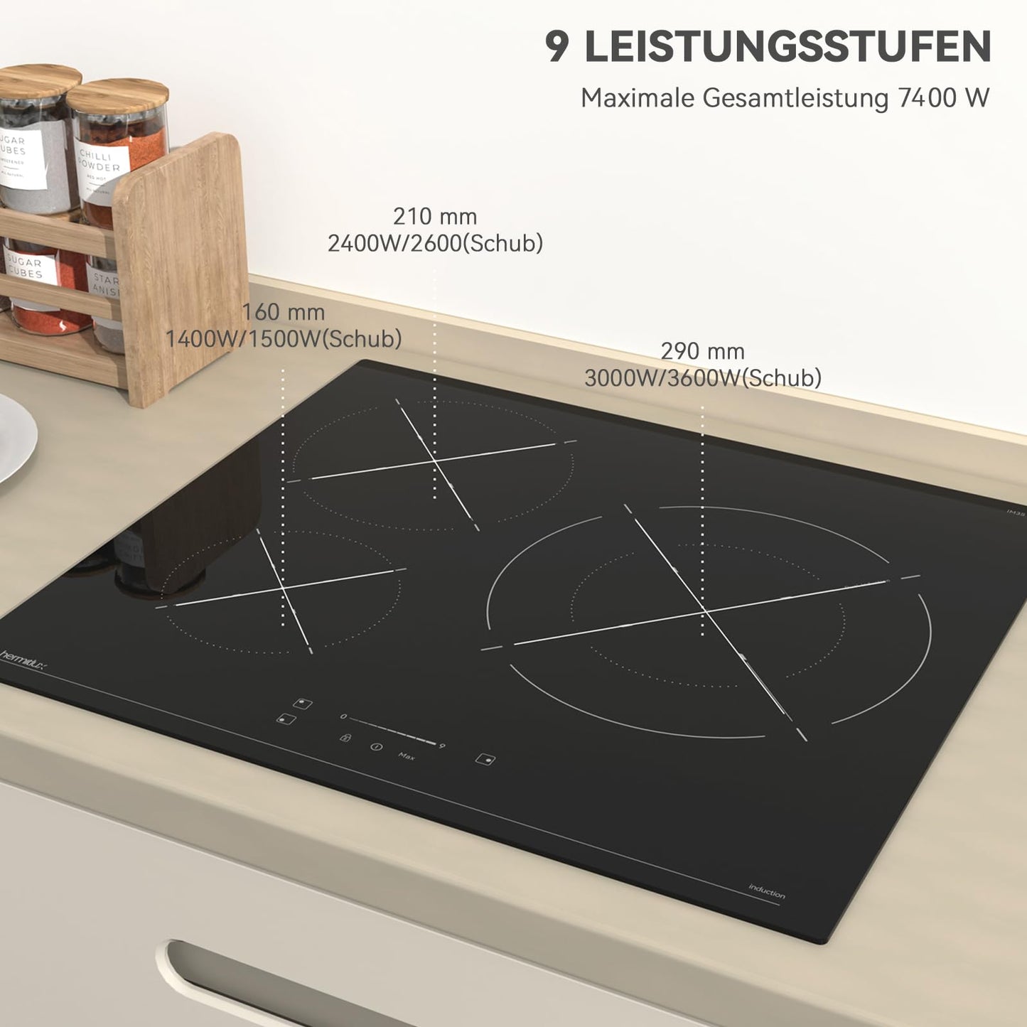 Hermitlux ceramic hob,Built-in 29 cm black glass ceramic electric hob,9 power levels,Sensor touch control, child lock, 1-99 minute timer,Suitable for all pots and pans