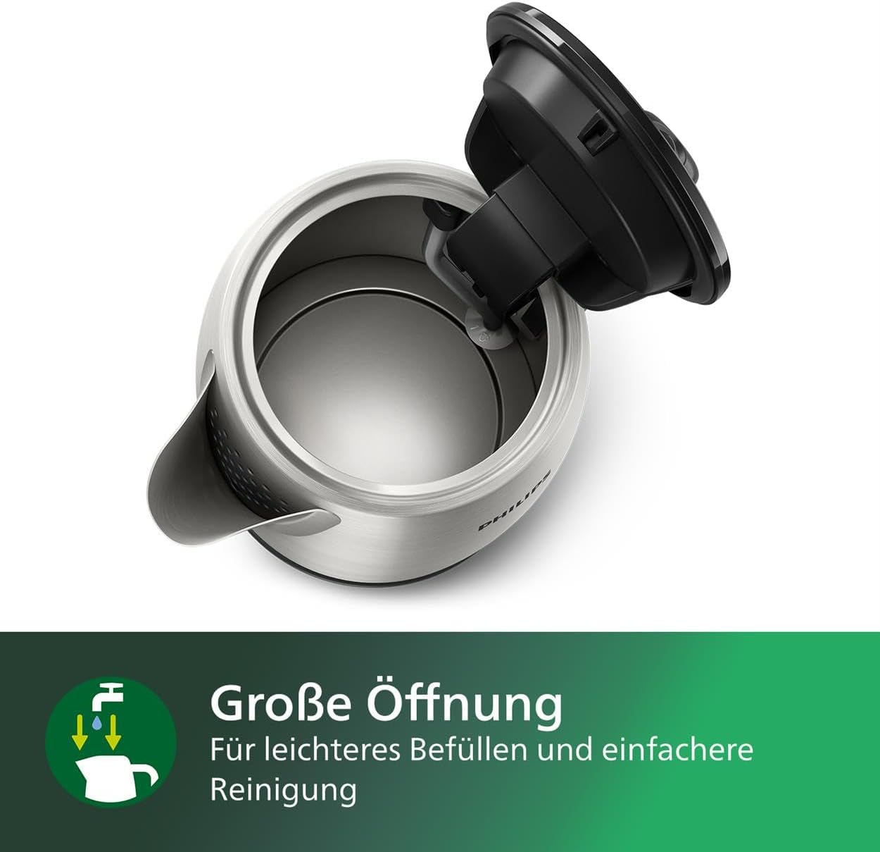 Philips Daily Collection Metall Wasserkocher – 1,7L, Leuchtanzeige, 360°-Basis, Mikro-Sieb-Filter, Flaches Heizelement, Sprungdeckel, Energiesparend, Sicheres Design, Schnelles Aufkochen (HD9350/90)