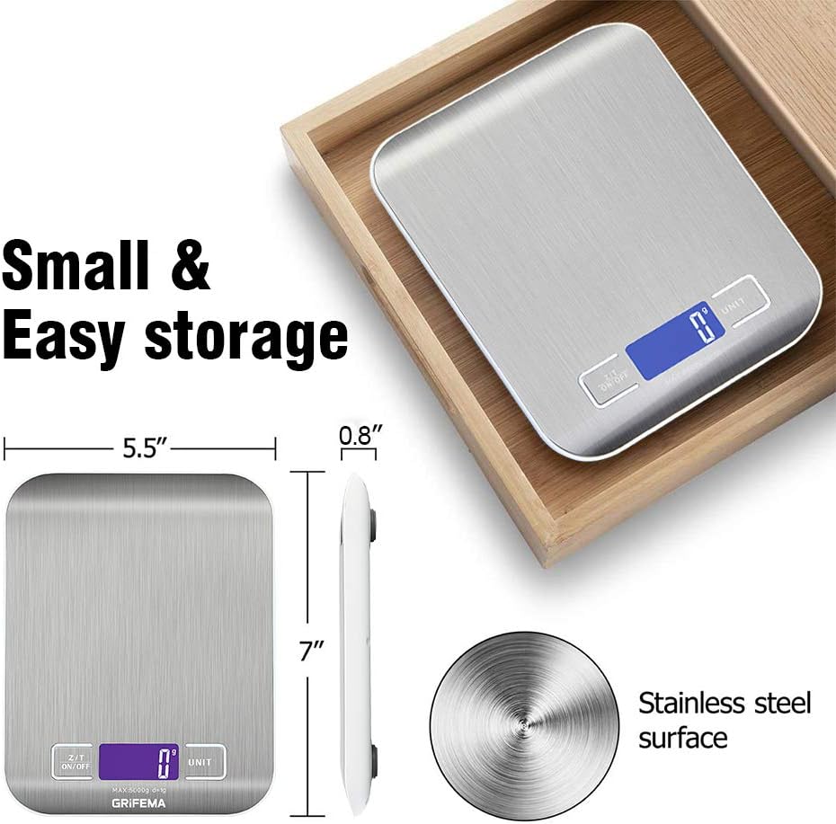 GRIFEMA Küchenwaage Edelstahl, Hochpräzise 1g-5000g Digitalwaage mit LCD Display, Tara-Funktion, 6 Maßeinheiten, Batterien inklusive, Blau
