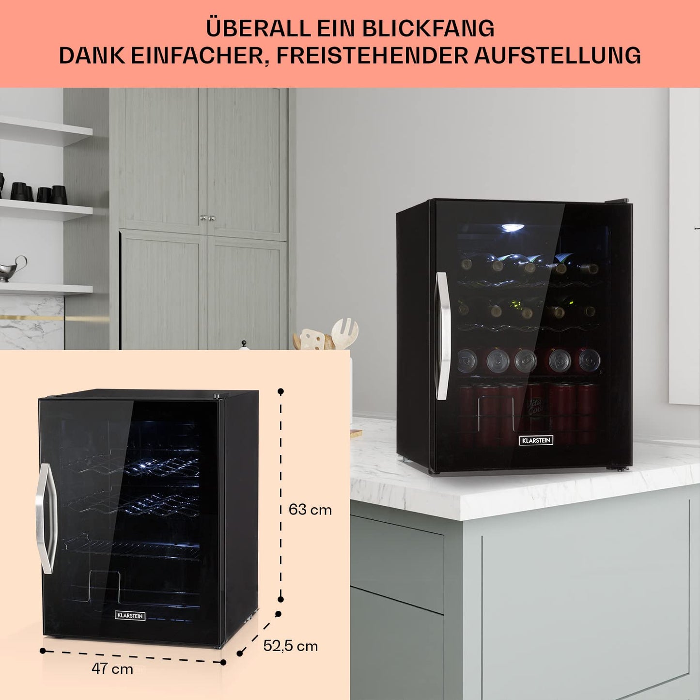 Klarstein Mini Fridge with Glass Door, Mini, for Room, Drinks Fridge Small with Adjustable Shelves, with Waveform Racks, 60 Liter Refrigerator Quiet