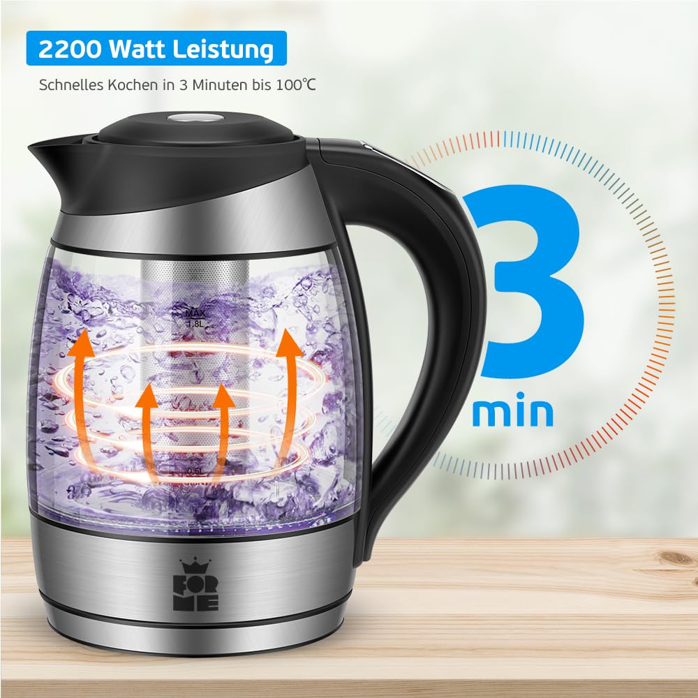 ForMe Glas Wasserkocher 1,8 Temperatureinstellung Temperaturwahl 40°C-100°C Farbwechsel LED I BPA FREI I Temperatur Einstellbar Teekocher Glaskessel Teekessel Glaswasserkocher mit Warmhaltefunktion