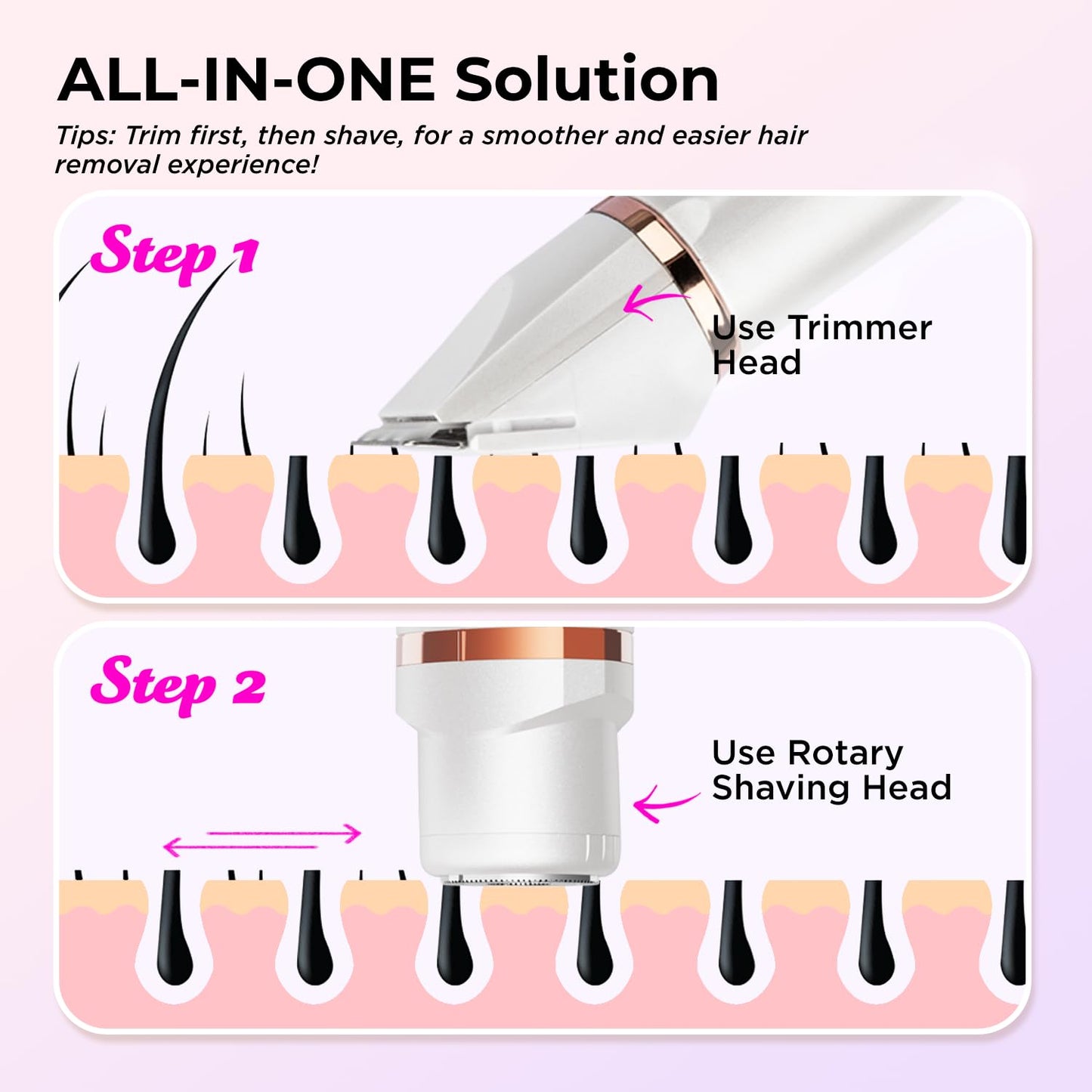 Bikini Trimmer für Frauen Schamhaare 2 in 1 Eletctric Rasierer für Frauen Wiederaufladbarer Eletctric Rasierer für Frauen IPX7 Wasserdicht Bikini Trimmer für Achselbein Arm Körper Gesicht (Roségold)
