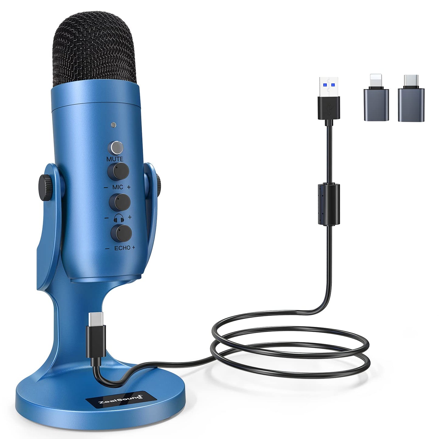 zealsound USB Mikrofon, Kondensator Mikrofon für PC Handy, PS4, PS5, Microphone PC USB C für Gaming, Podcast,Aufnahmen,Streaming,ASMR mit Stumm/Gain/Echo, Adapter für Phone,Kompatibel mit Mac, Winows