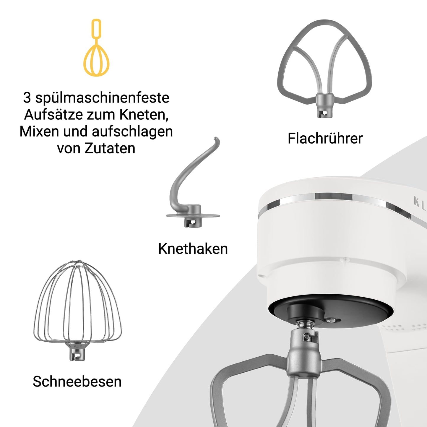 KLAMER Küchenmaschine 1800W, Knetmaschine Brotteig mit Edelstahl-Rührschüssel 6 L, 10 Stufen mit Timer, Planetenrührwerk, Rührbesen, Knethaken, Schneebesen & Sichtdeckel (schwarz)