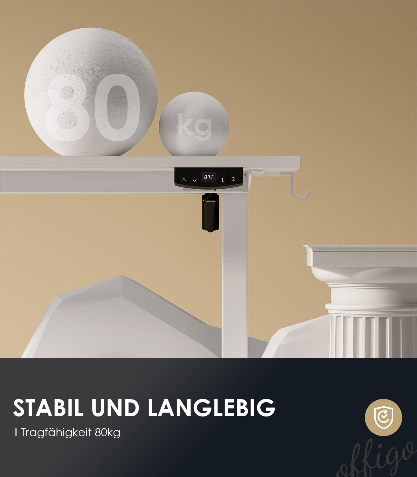 OffiGo Höhenverstellbarer Schreibtisch, 120 cm Elektrischer Schreibtisch, Ergonomischer Tisch mit Memory-Funktion, Gaming Tisch Höhenverstellbar, Moderner Computertisch für Zuhause und Büro, Weiß