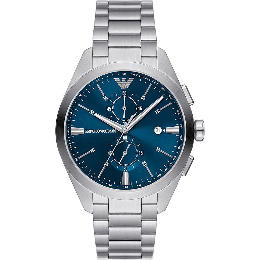 Emporio Armani Uhr für Männer, 2 Unterzifferblätter Chronographenwerk und 43mm Gehäusegröße mit Edelstahl-, Leder- oder Silikonarmband