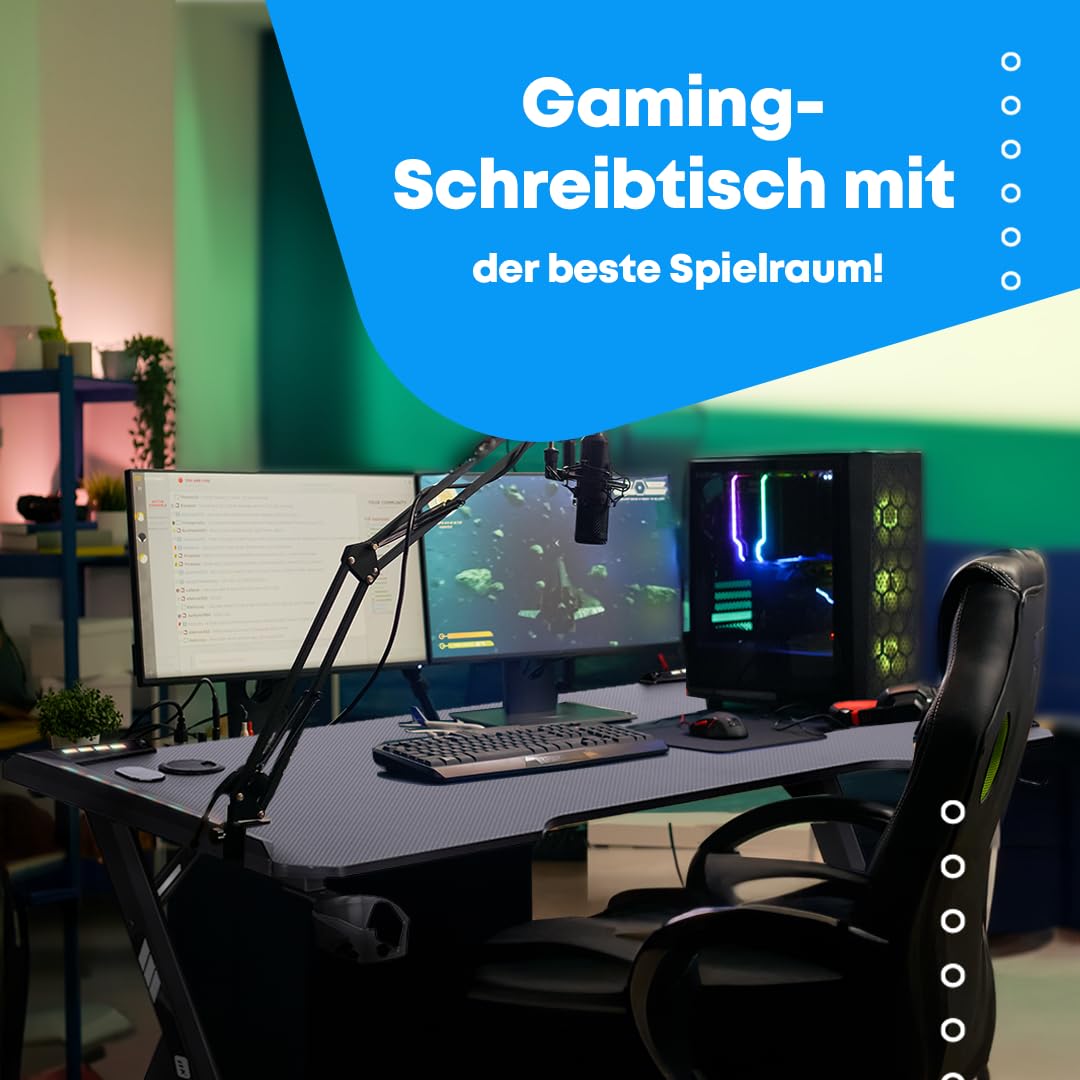 NK Gaming Schreibtisch LED (120X60cm) - Becher- und Flaschenhalter, Kopfhörerhalterung, Kabelmanagement, Gaming-Schreibtisch, Tischplatte 1.5cm (Belastbarkeit) Maximal Unterstütztes Gewicht 100kg