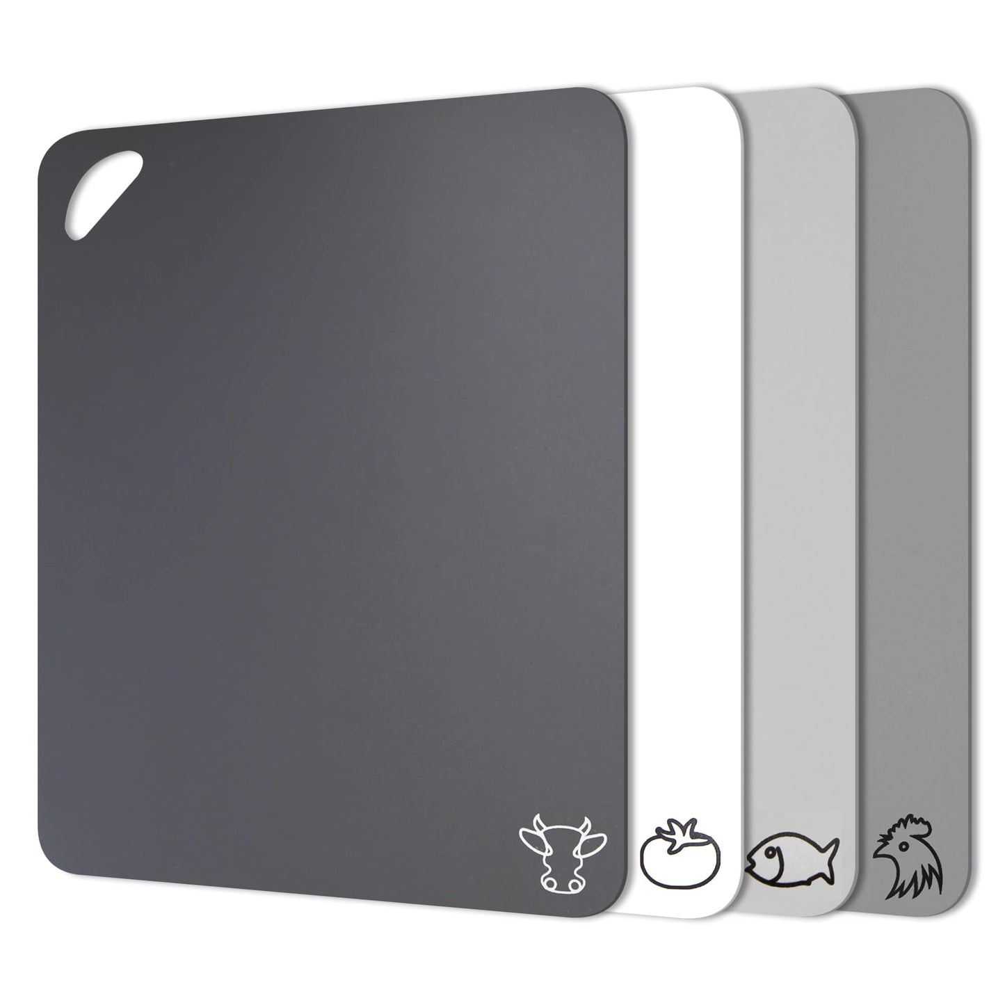 Kunststoff-Schneidebretter für die Küche, Fotouzy Flexible Schneidematten mit Loch, 4er-Set, BPA-frei, Rutschfeste Rückseite, Spülmaschinenfest, Multi Grau, 30x38cm