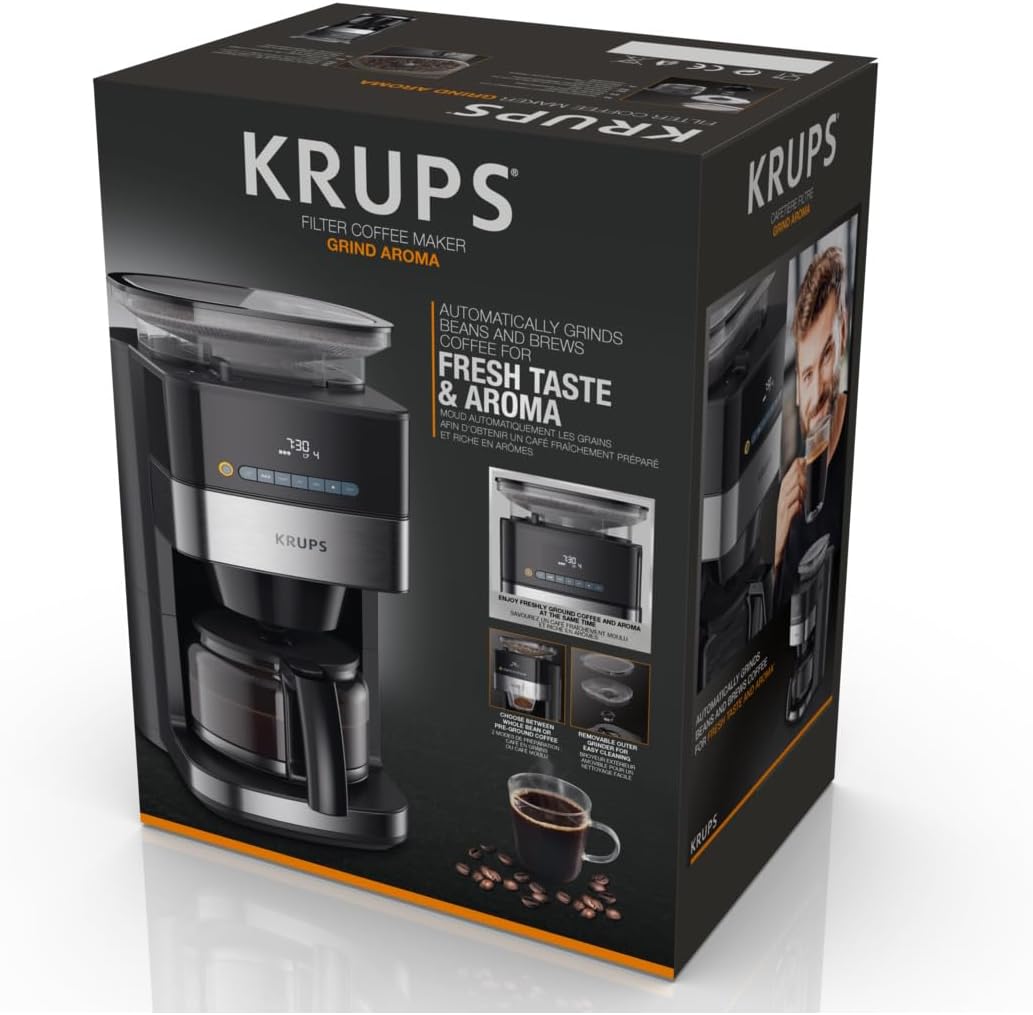 Krups KM8328 Grind Aroma Kaffeemaschine mit Mahlwerk | 24-Stunden-Timer | 180 g Bohnenbehälter | 1,25 L Fassungsvermögen für bis zu 15 Tassen Kaffee | Auto-Off-Funktion | 3 Mahlgrade | Schwarz