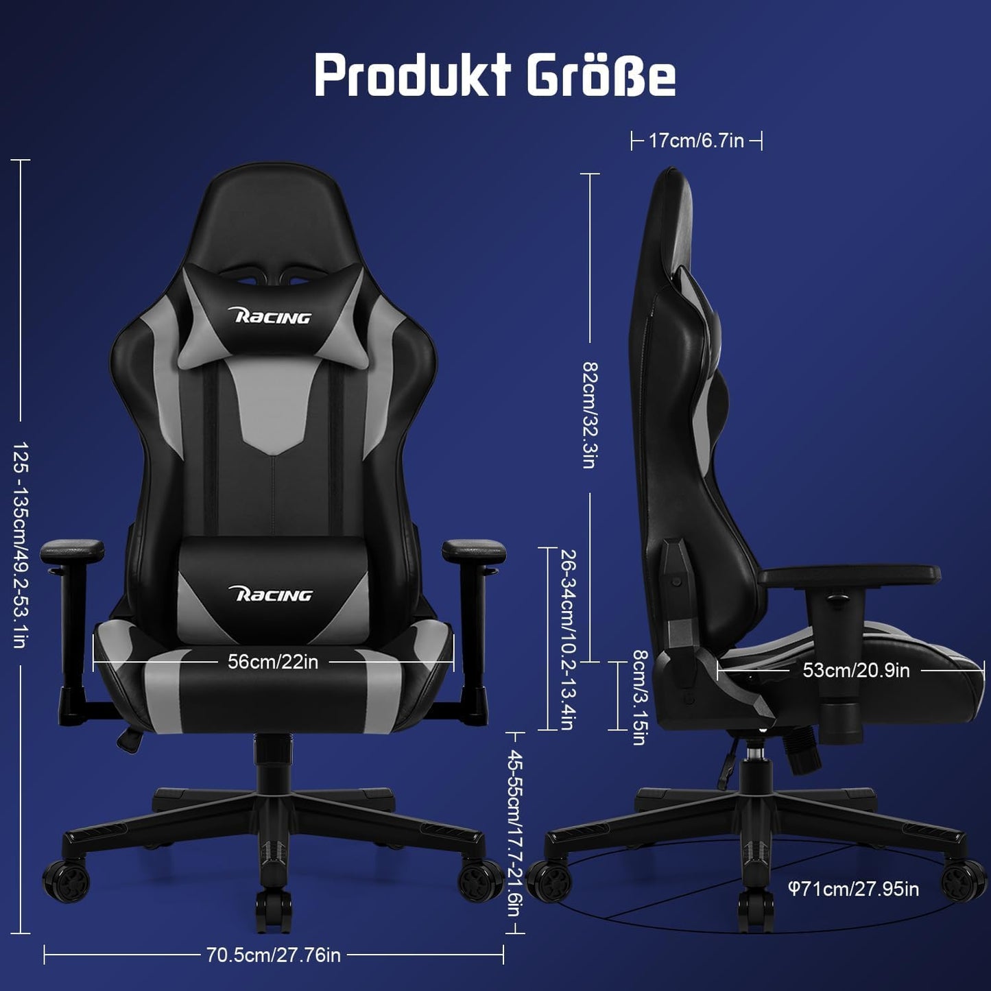 Homimaster Gaming Chair, Ergonomic Office Chair with Adjustable Lumbar Cushion, Head Cushion and Armrests, Padded Gaming Chair, Gamer Chair with Rocking Function, Gaming Chair 150 kg Load Capacity