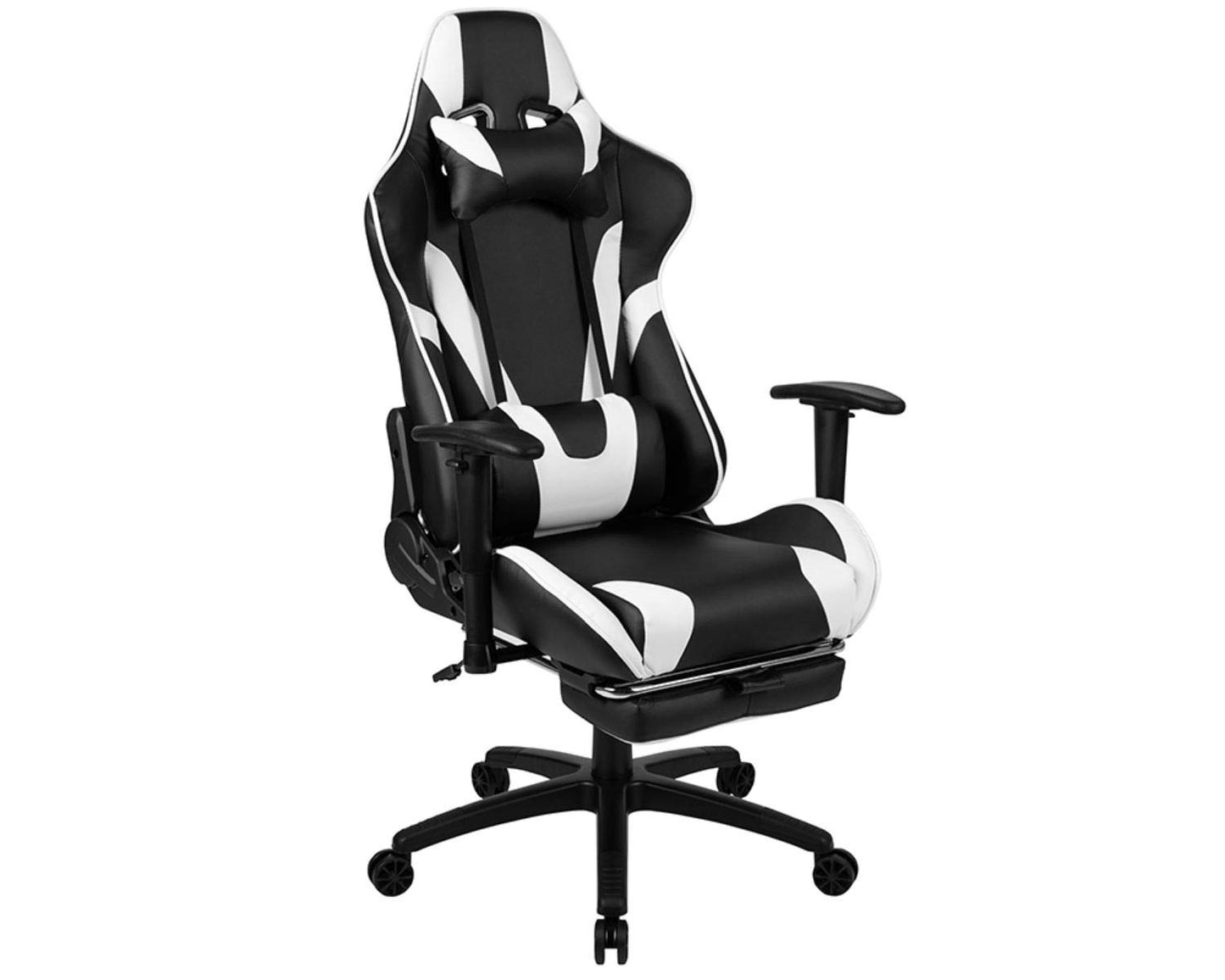 Flash Furniture X30 Gaming-Stuhl, ergonomischer Bürostuhl für PC- und Gaming-Setups, verstellbarer Rennsport-Stuhl mit vollständig verstellbarer Rückenunterstützung, schwarz mit weißer Verzierung
