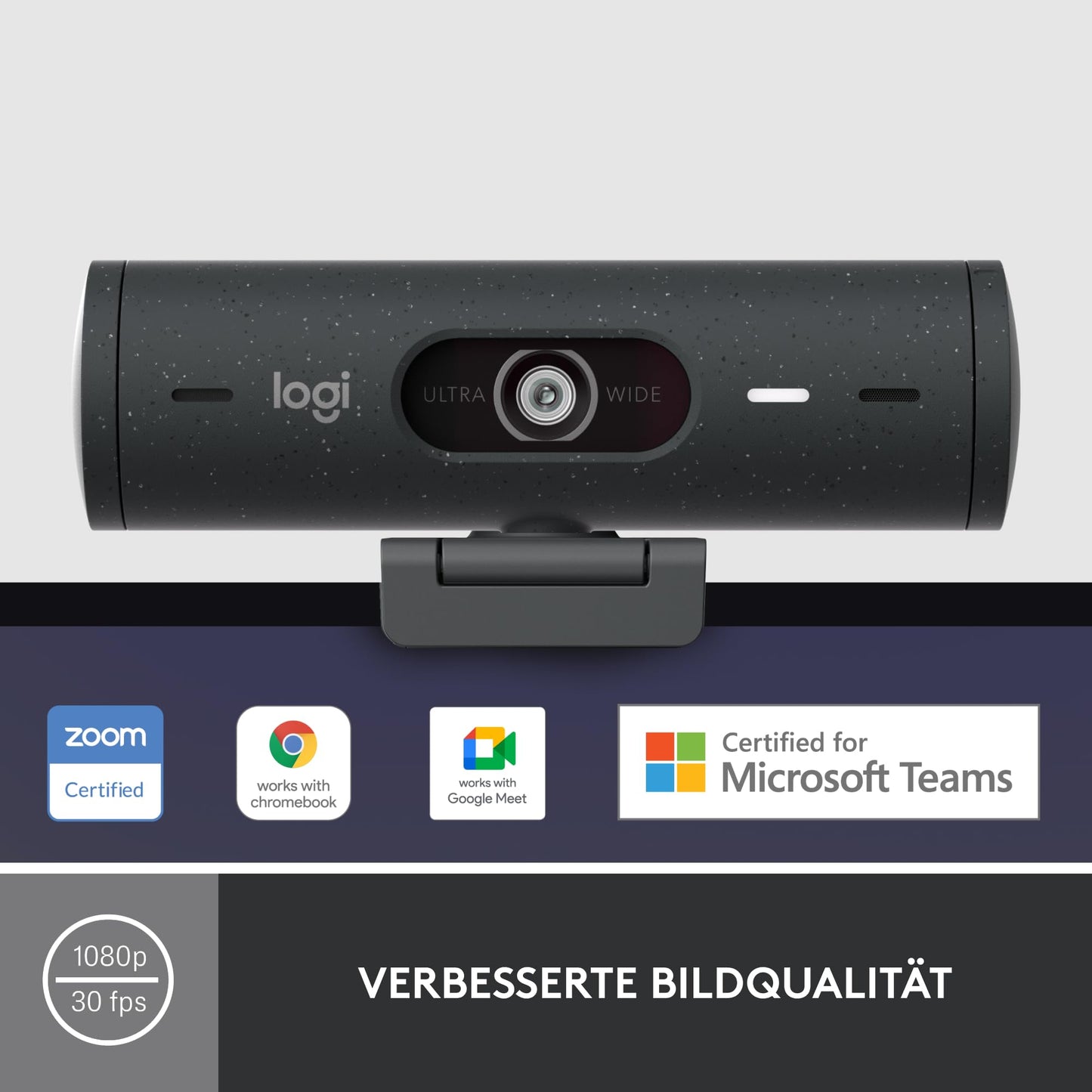 Logitech Brio 500 Full-HD-Webcam mit Auto-Lichtkorrektur, Zeigemodus, Doppelmikrofon + Rauschunterdrückung, Webcam-Abdeckung, für Microsoft Teams, Google Meet, Zoom, USB-C-Kabel - Graphit