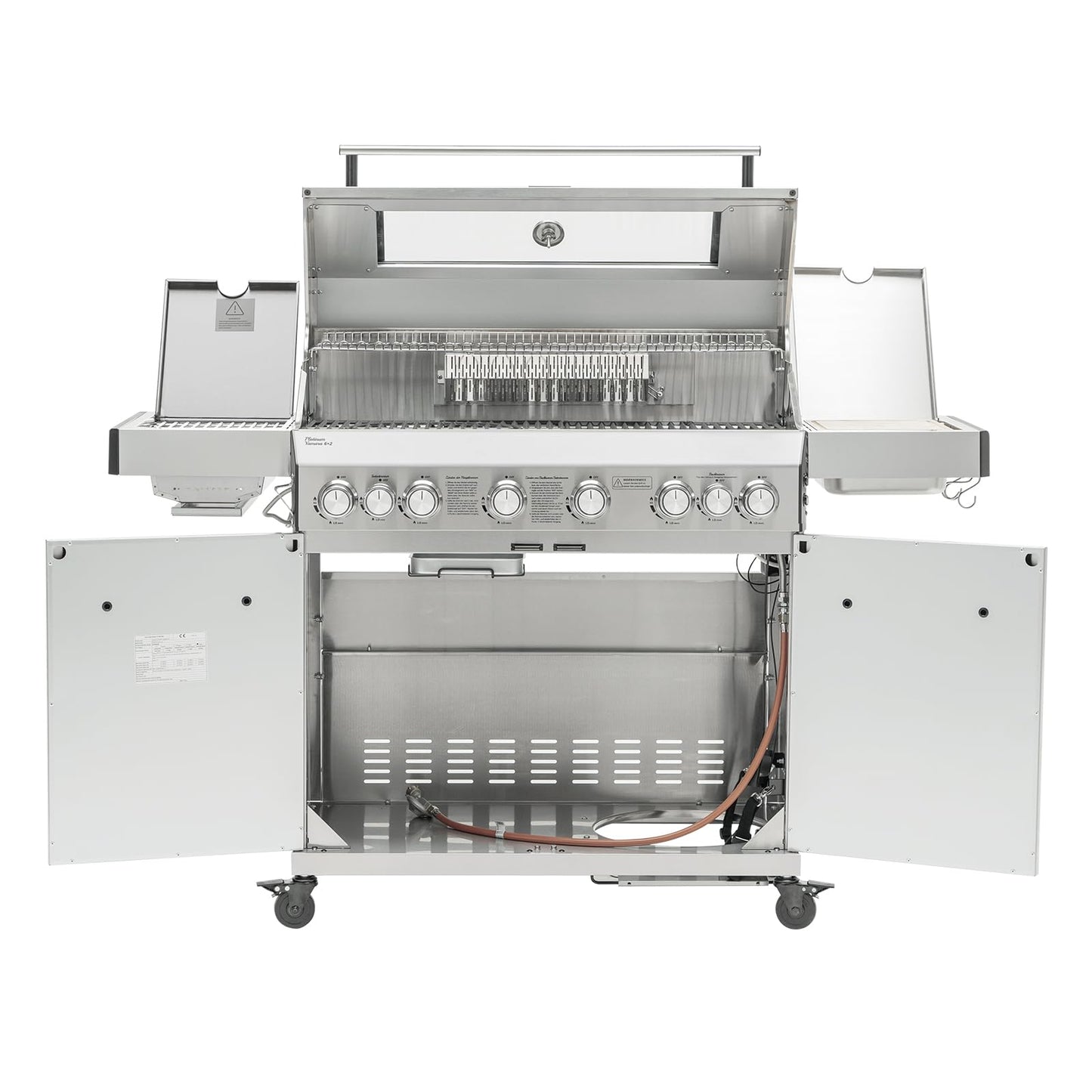 Taino Platinum Yamara Dark 6+2 Steel Gas Grill, 6 Burners, Ceramic Sear Burner, Ceramic Back Burner, Piezo Ignition, Cast Iron Cooking Grid