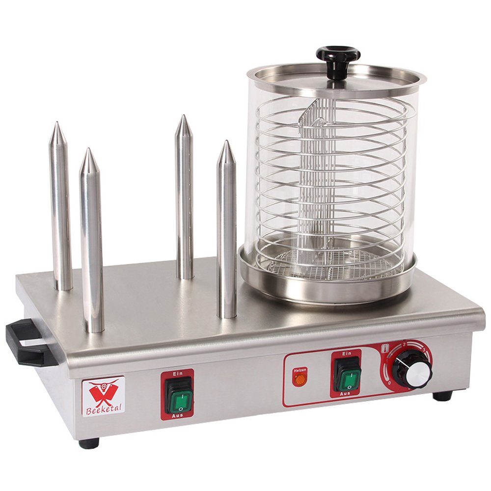 Beeketal 'BHG06b' professional gastro hot dog maker with 2 heating skewers and 140 mm basket diameter, stainless steel hot dog machine for heating sausages and warming up hot dog buns, stainless steel version