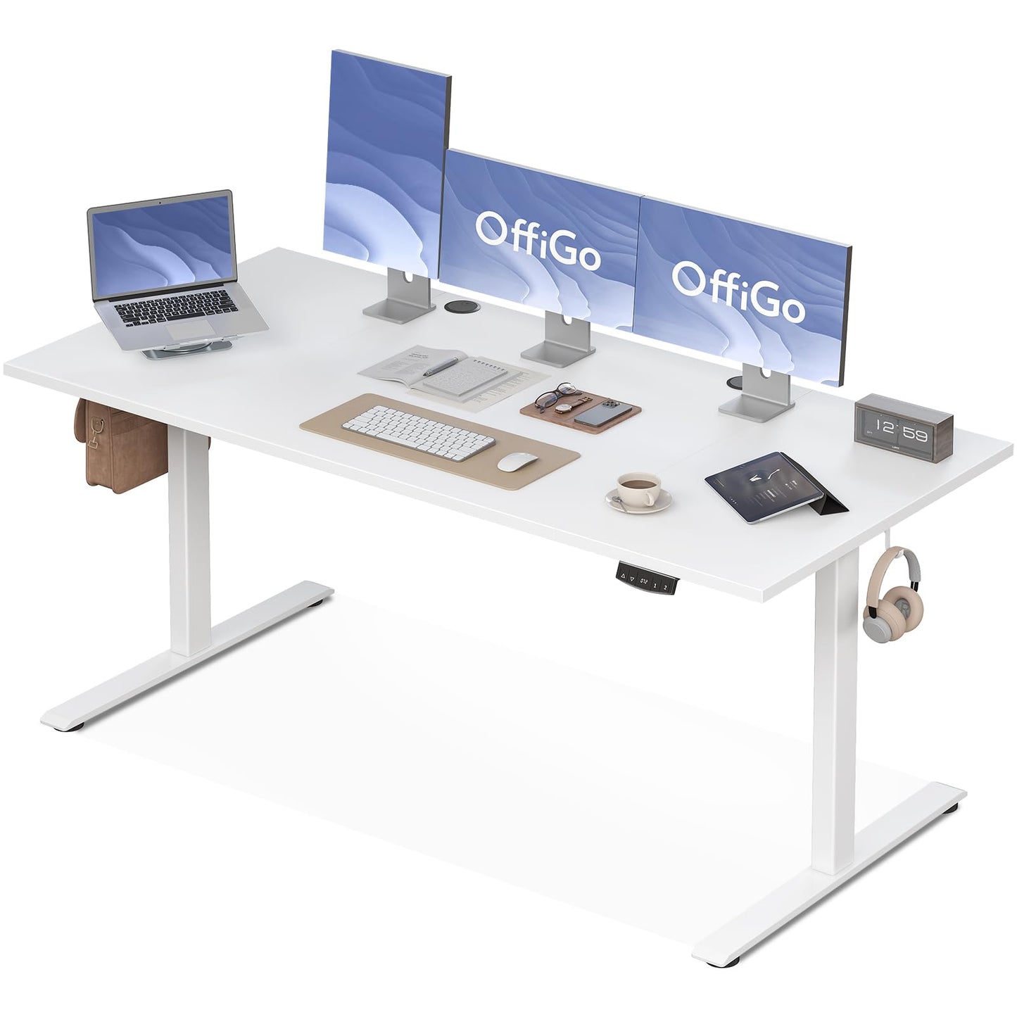 OffiGo Höhenverstellbarer Schreibtisch, 120 cm Elektrischer Schreibtisch, Ergonomischer Tisch mit Memory-Funktion, Gaming Tisch Höhenverstellbar, Moderner Computertisch für Zuhause und Büro, Weiß