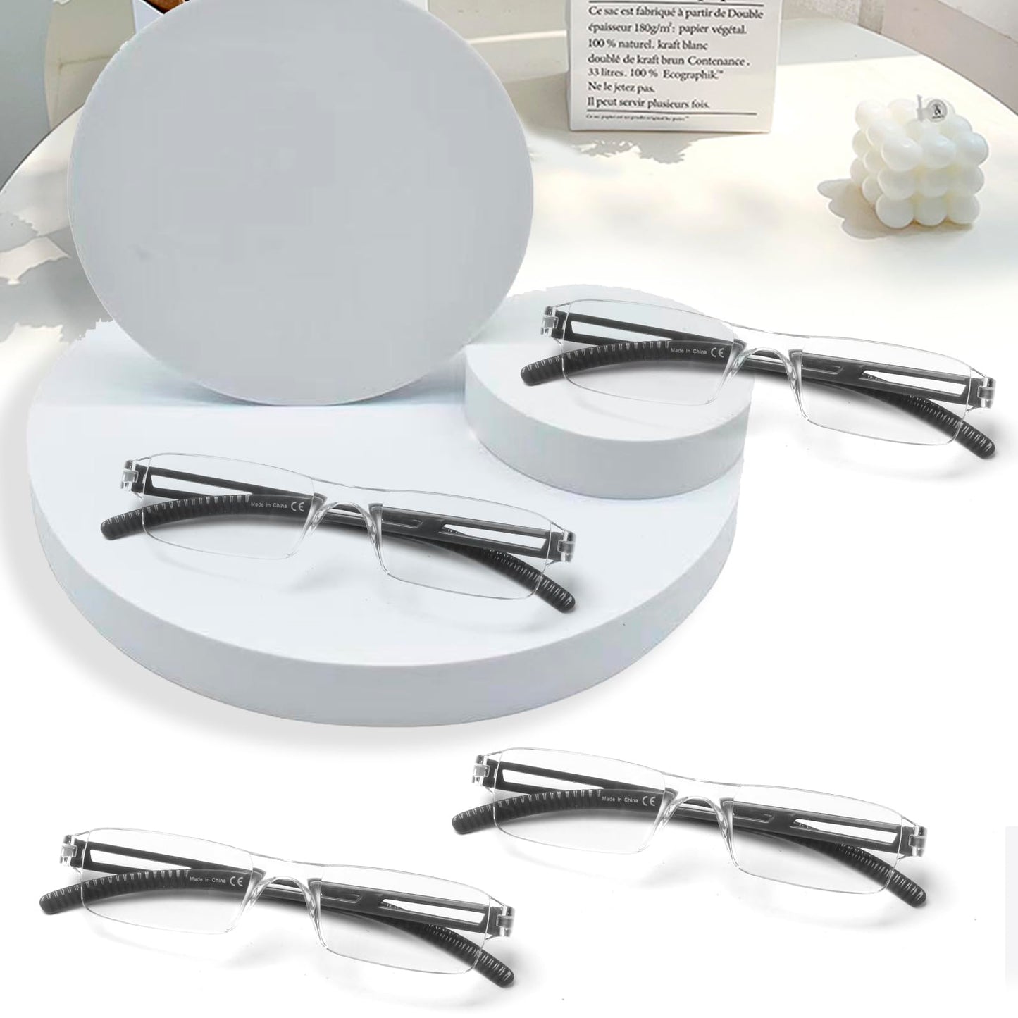 COJWIS Pack of 4 Frameless Reading Glasses for Men and Women, Lightweight and Comfortable, Anti Blue Light Reading Aid / TR90 Glasses (4 Colour Mixing, 2.00, Multiplier_x)