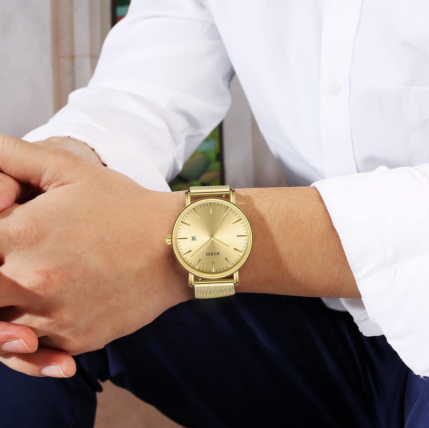 BUREI Ultra Dünne Uhren Herren Schwarze Analoges Datum Armbanduhr Herren mit Japanisches Quarzwerk, Geschenke für Männer