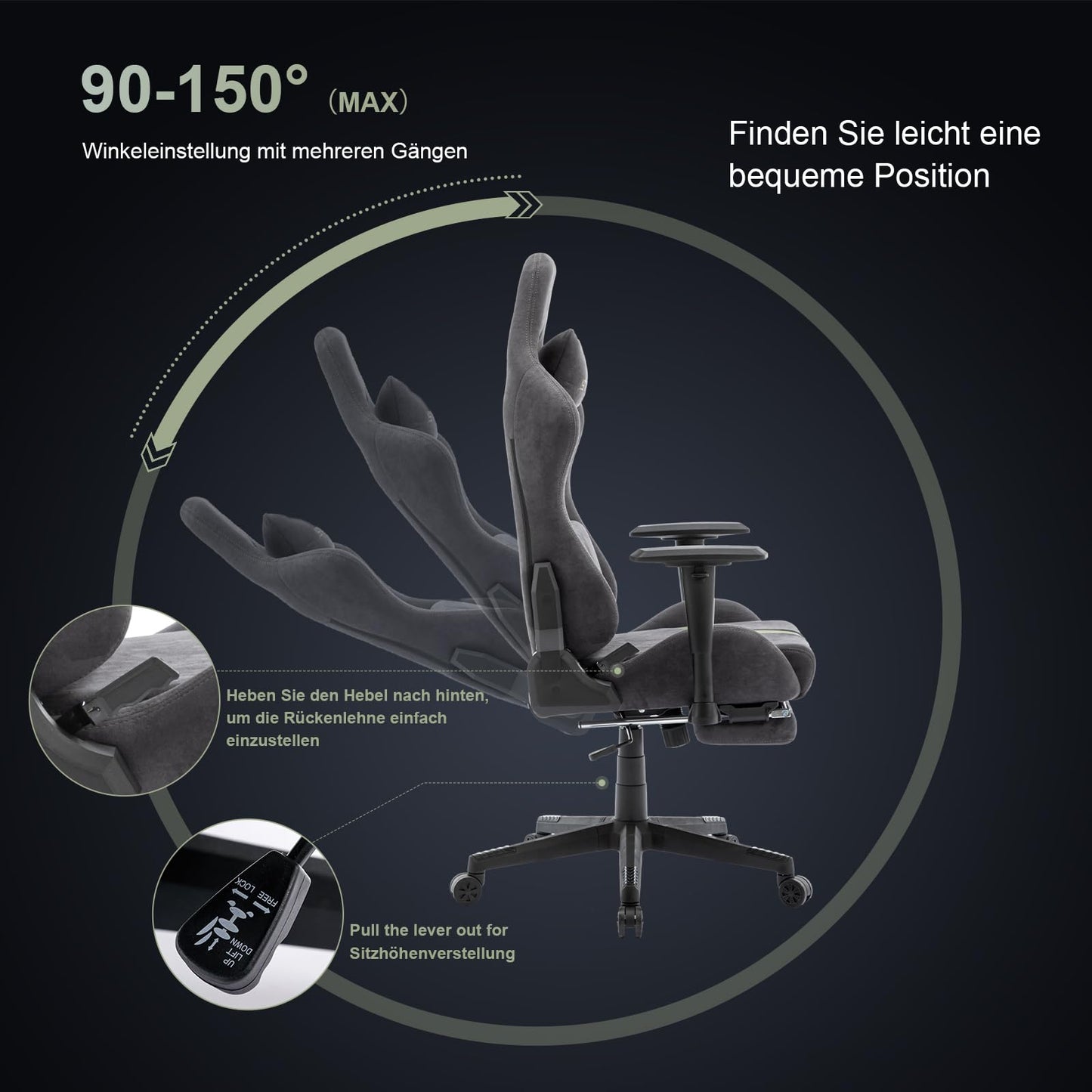 STARUZI Gaming Stuhl aus Wildlederimitat Stoff, Ergonomischer PC Stuhl, Gamer Stuhl mit Fußstütze, Atmungsaktiver Game Drehsessel mit Verstellbare Armlehne, Grau-Grün
