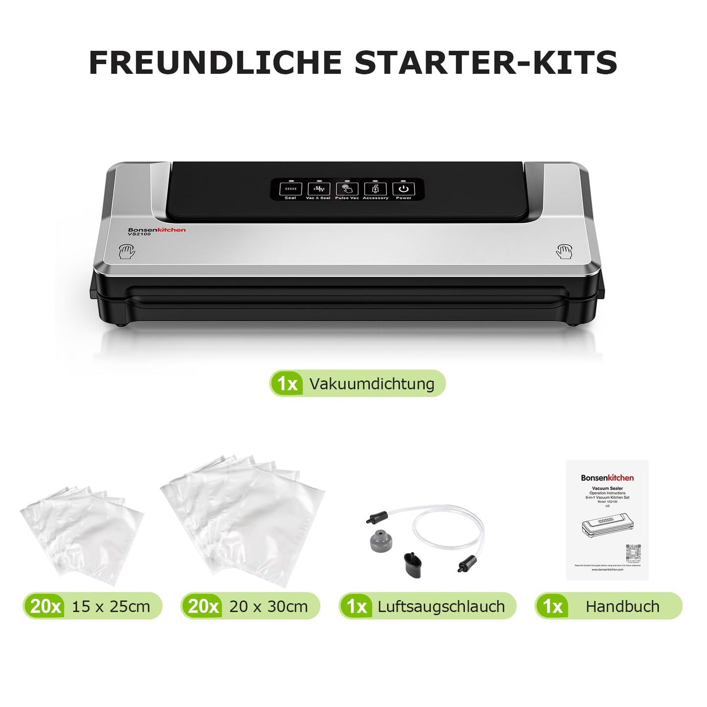 Bonsenkitchen Vakuumiergerät, Vakuumierer Folienschweißgerät für Sous Vide Kochen und Lebensmittel Bleiben bis zu 6x Länger Frisch, 40 Vakuumbeutel Inklusive (Sliber)