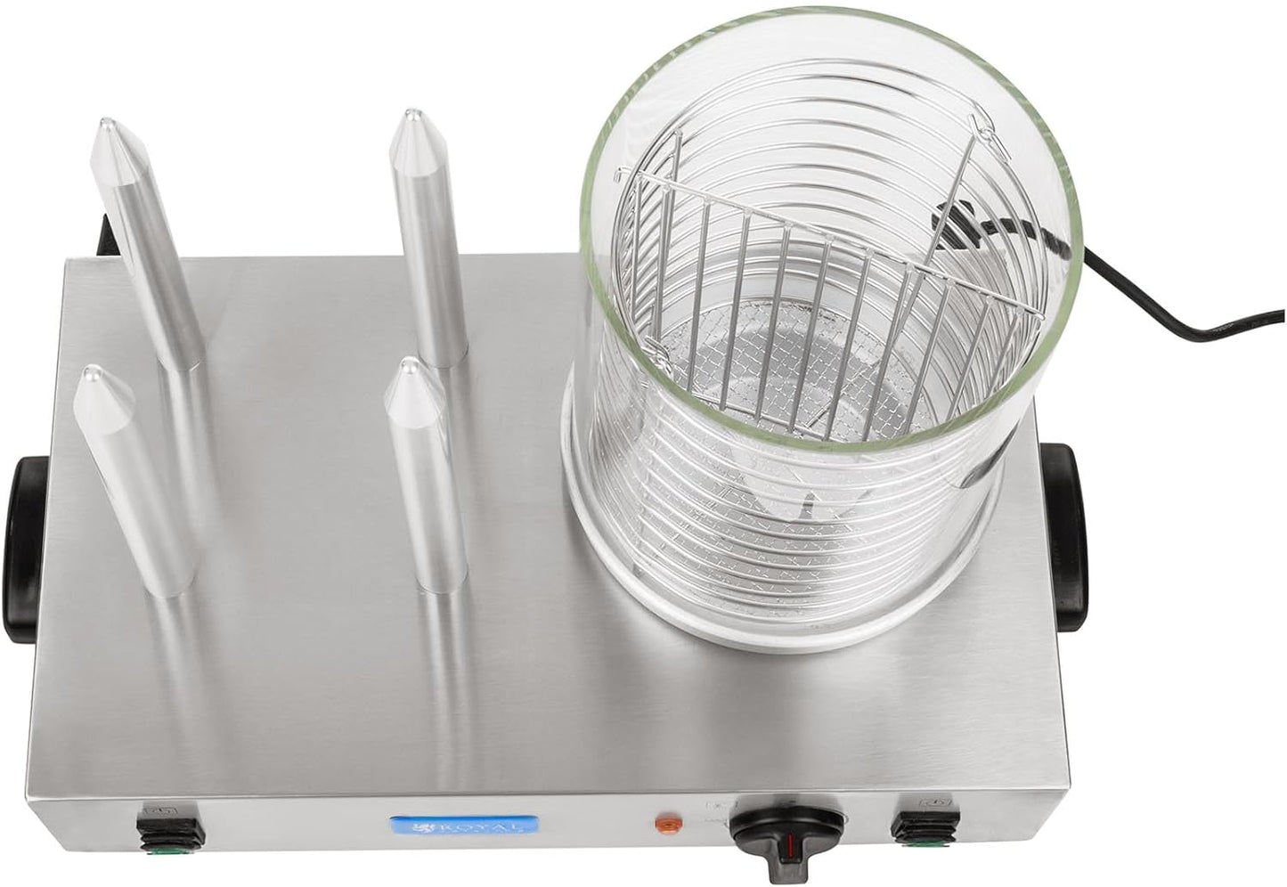 Royal Catering Hot Dog Maschine Gastro Hot-Dog Maker Professionell RCHW 2300 (Leistung 1100 Watt, Temperatur 0-95 °C, Zylinderhöhe 24 cm, Zylinderdurchmesser 20 cm, 4 Toaststangen)