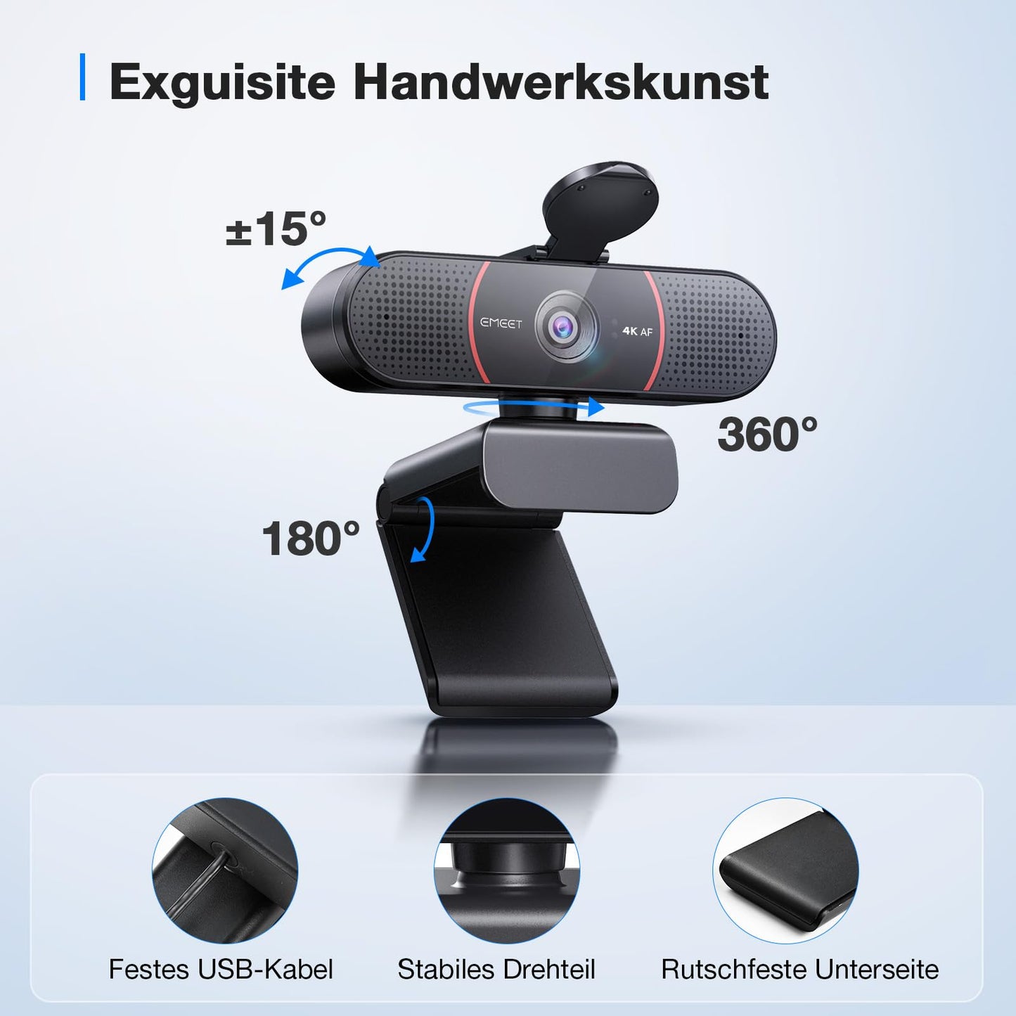EMEET Full HD Webcam - C960 1080P Webcam mit Objektivabdeckung & Dual Mikrofon, 90 ° Streaming Kamera mit Automatische Lichtkorrektur, Plug & Play, für Linux, Win10, Mac OS