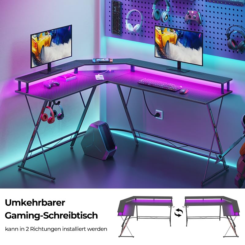 SEVEN WARRIOR Gaming Tisch, Schreibtisch mit LED, Steckdosen, Eckschreibtisch mit Monitorständer, 2 Haken, Ergonomischer Computertisch L Form, 127cm