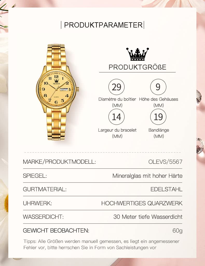 OLEVS Damenuhren Gold Silber Leicht zu Lesen Armbanduhren für Damen mit Kleines Gesicht Tag Datum Edelstahlband wasserdichte