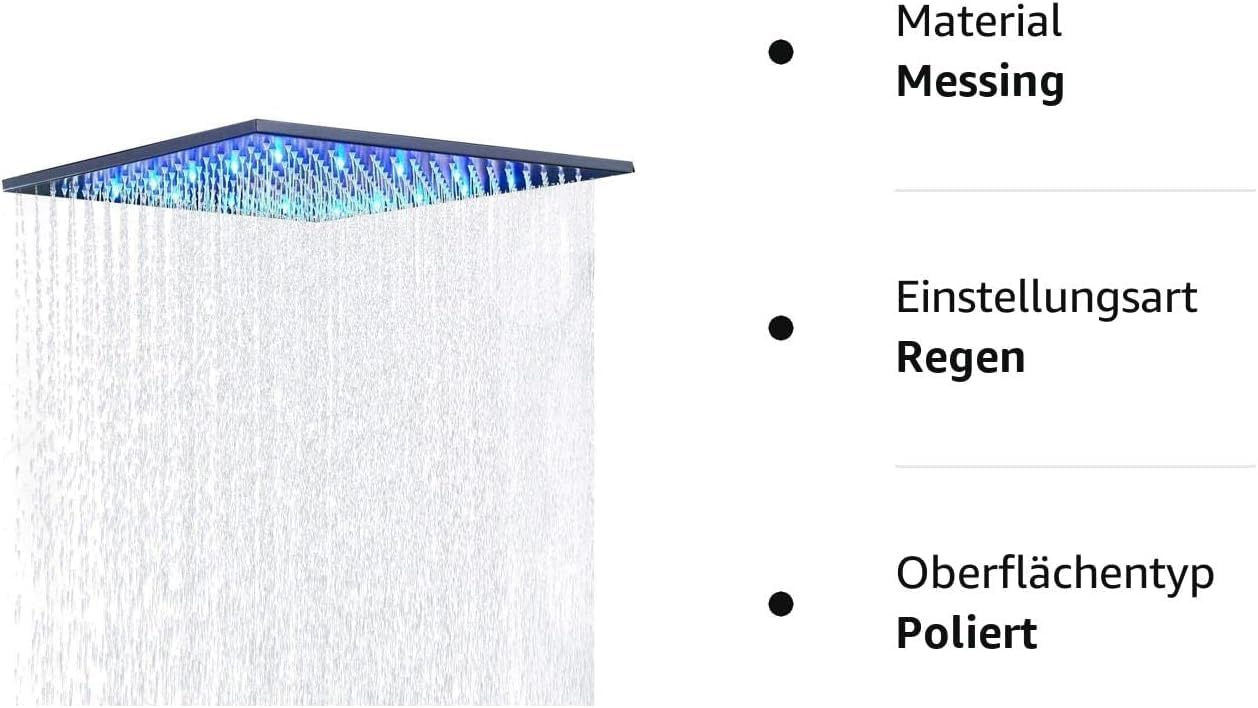 JUNSOTTOR 30 * 30cm Luxus LED Regendusche Einbau-Duschkopf Deckenbrause Quadrat Überkopfbrause Farbewelchseln nach Temperatur aus Messing Schwarz