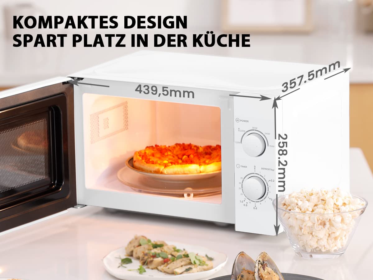 Comfee CMSN 20 wh Mikrowelle / Solo-Mikrowelle mit 5 Leistungsstufen/ Innenbeleuchtung/ easy Defrost/360°Drehteller / Zwei Drehregler/20L/700W/ Weiß, Mechanisch