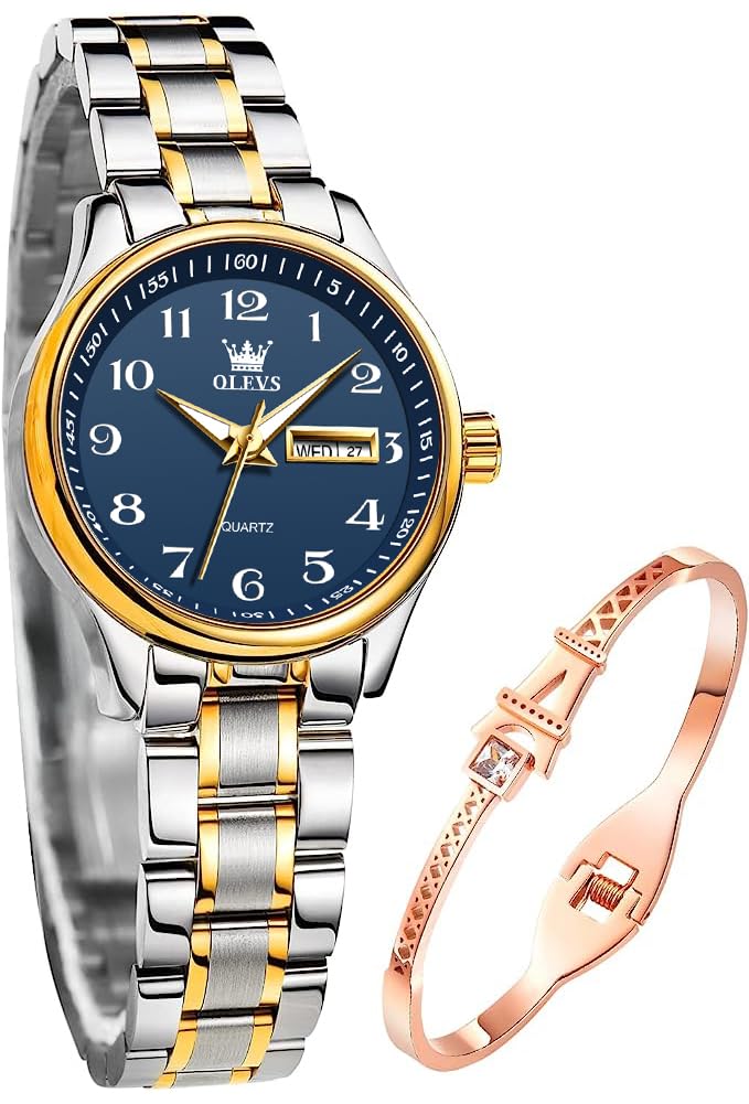 OLEVS Damenuhren Gold Silber Leicht zu Lesen Armbanduhren für Damen mit Kleines Gesicht Tag Datum Edelstahlband wasserdichte