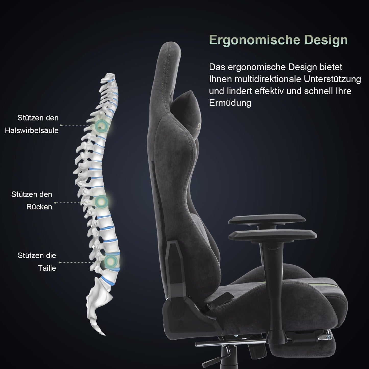 STARUZI Gaming Stuhl aus Wildlederimitat Stoff, Ergonomischer PC Stuhl, Gamer Stuhl mit Fußstütze, Atmungsaktiver Game Drehsessel mit Verstellbare Armlehne, Grau-Grün