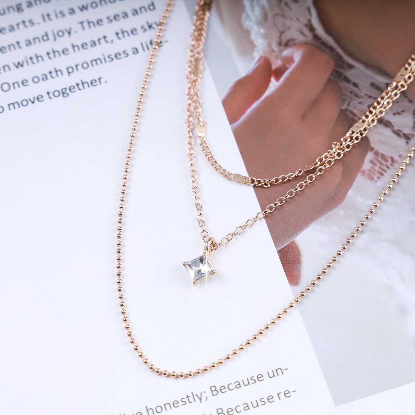 Dervivea Boho Layered CZ Crystal Necklace