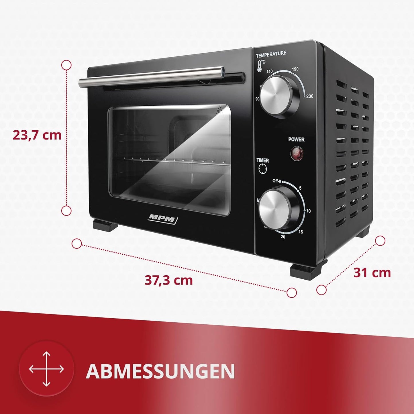 MPM Freistehender Elektrobackofen 10 Liter, Mini Ofen, Heißluft, 800W, Schwarz