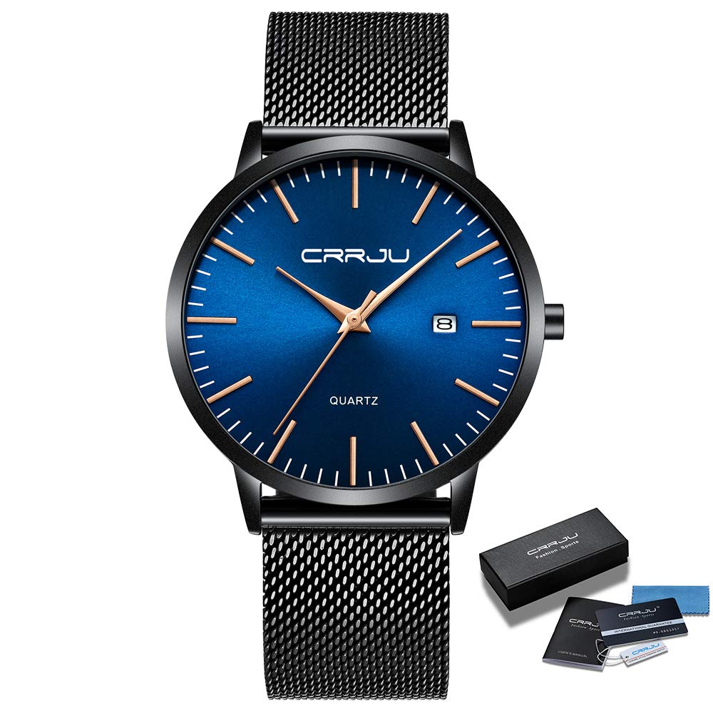 CRRJU Herren Uhr Ultra Dünne Wasserdicht Armbanduhr Herren Mode mit Schwarz Edelstahlband Mesh Analog Quarz Business Männer Uhren